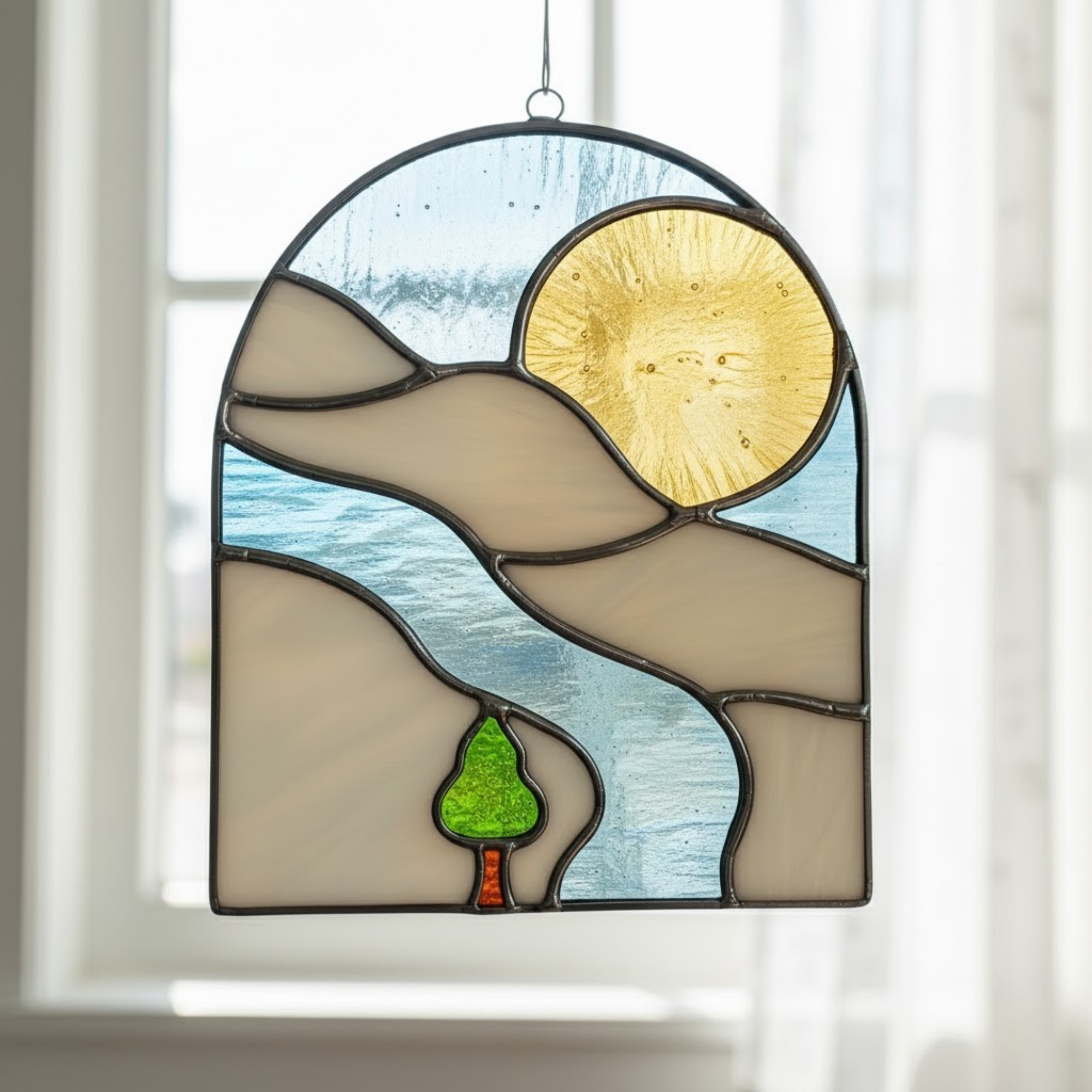 Stained Glass River & Sun Arch Suncatcher – Nature Lover Gift – Window Hanging Decor – Modern Minimalist Art – Housewarming Present