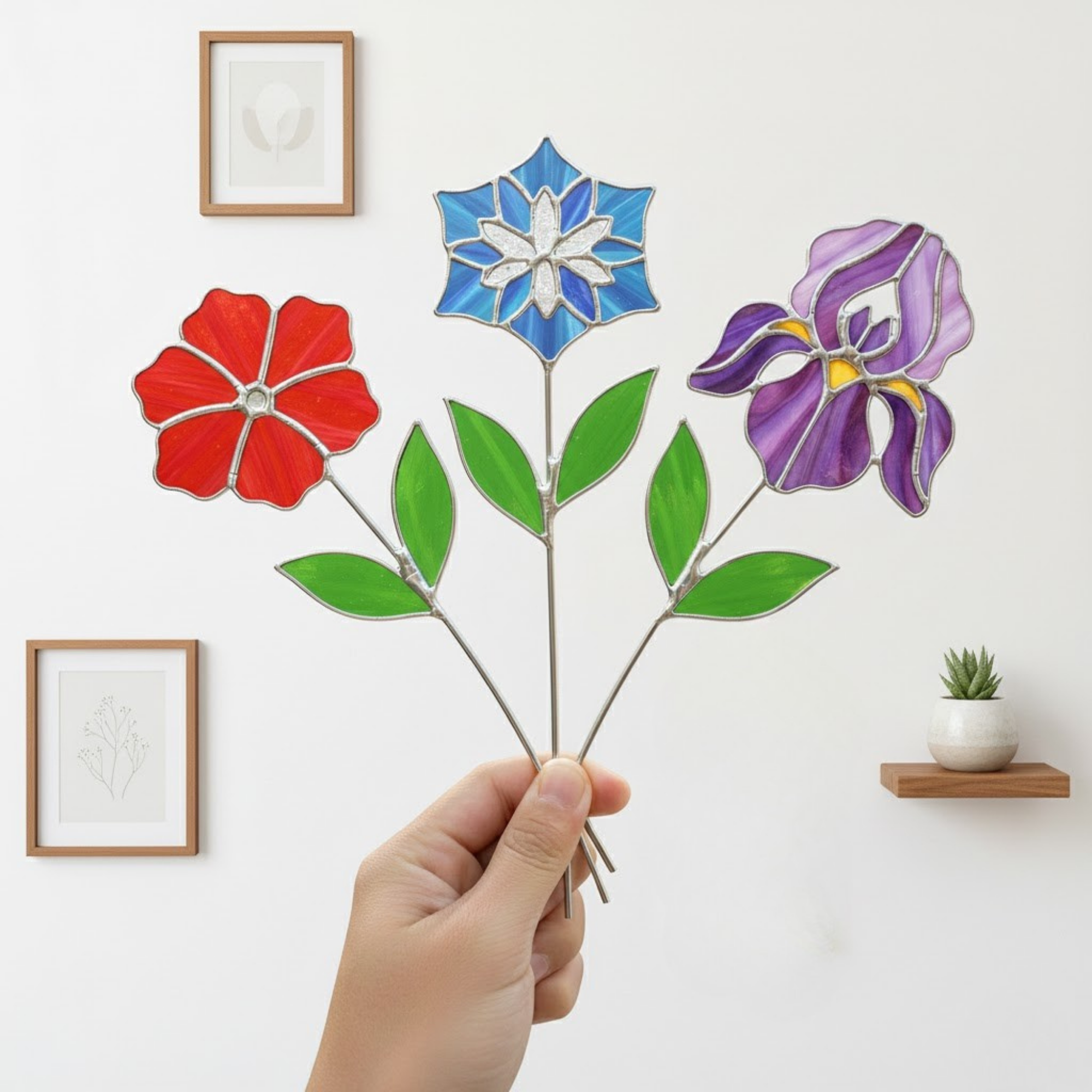 Colorful Potted Plant Decor – Stained Glass Art Stakes – 3 Piece Suncatcher Set – Spring Home Accent – Unique Gift