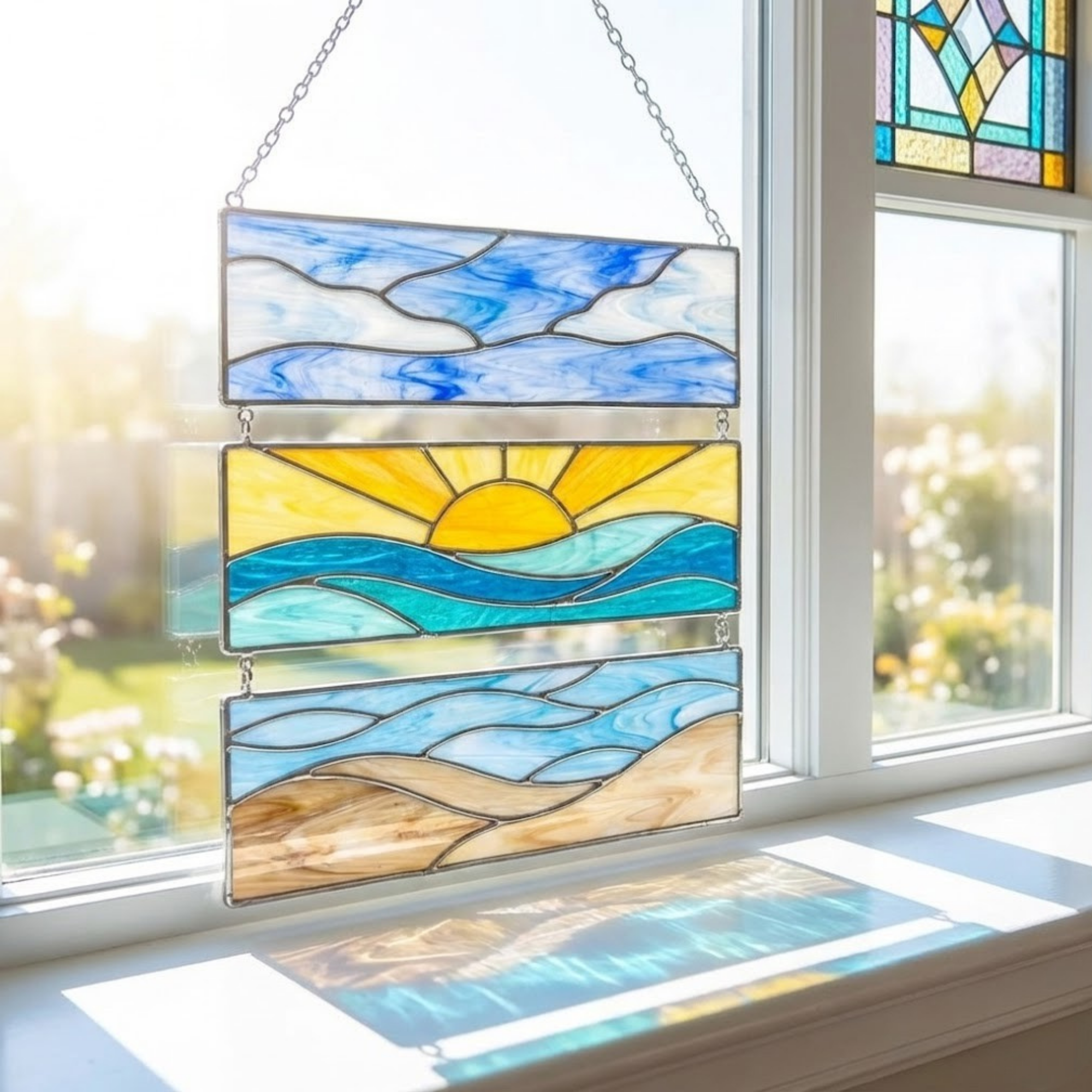 Stained Glass Ocean Landscape 3-Panel Suncatcher – Beach House Art Gift – Window Hanging Decor – Coastal Sunrise Scenery – Housewarming Present