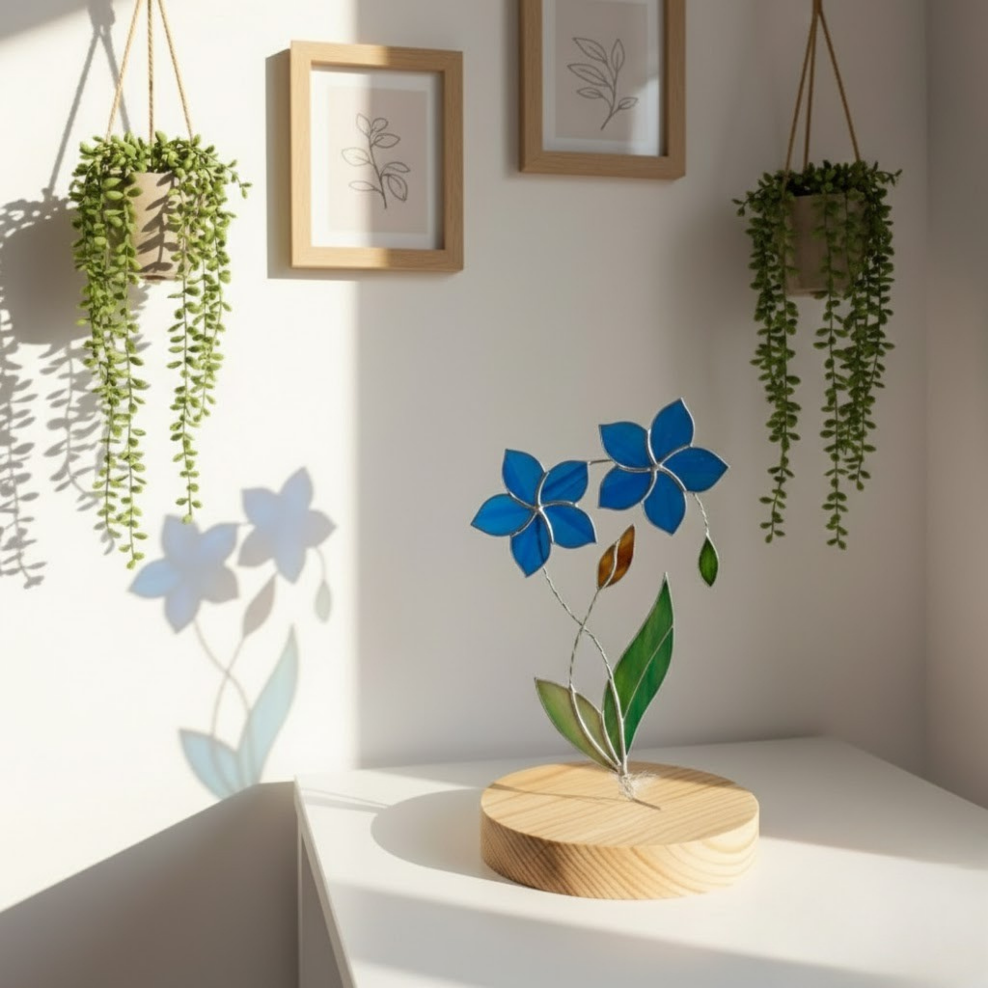 Stained Glass Double Flower Stand – Custom Color Botanical Art – Minimalist Desk Decor on Wood Base – Everlasting Floral Gift – Mother’s Day Present