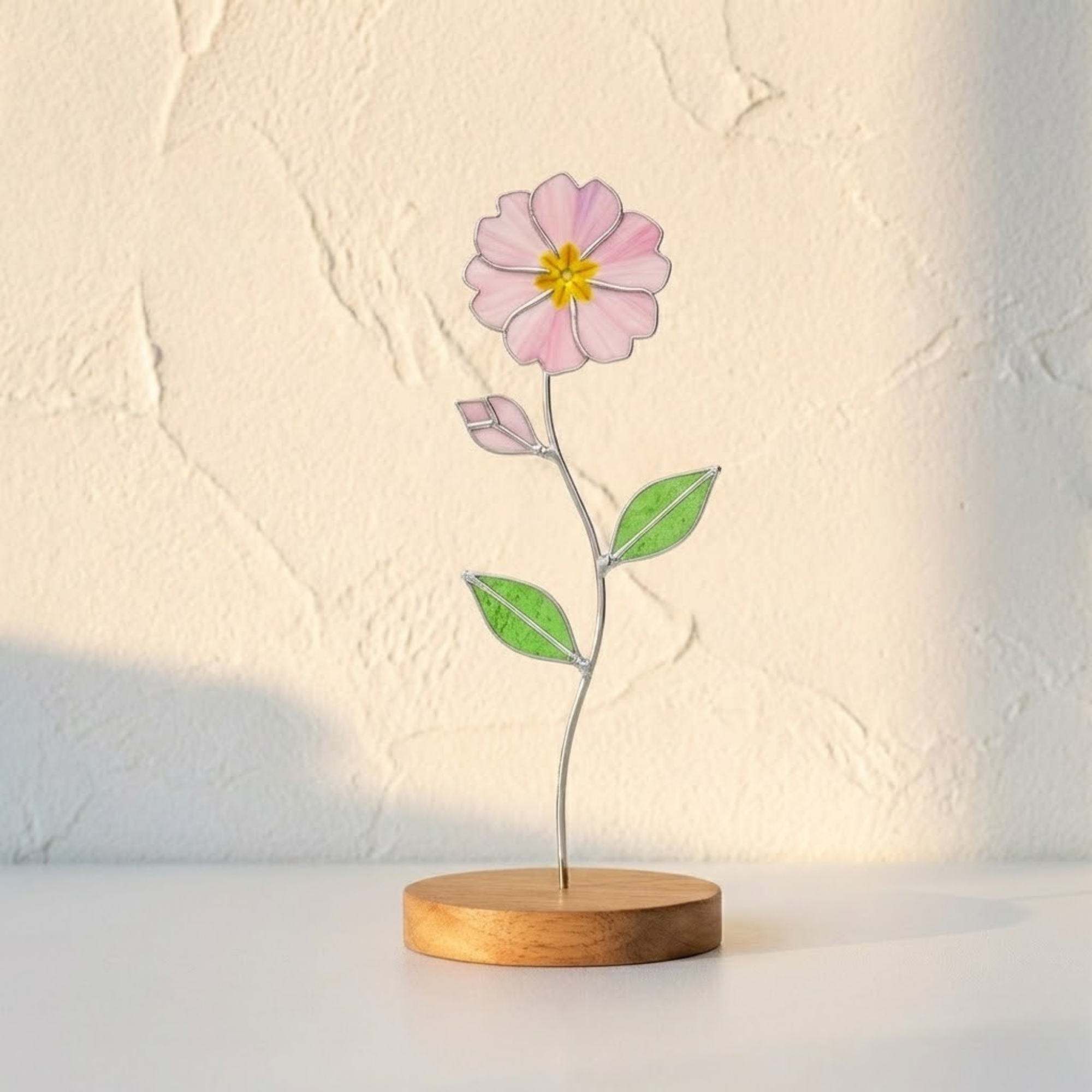 Stained Glass Flower Standing Decor – 3D Floral Sculpture on Wood Base – Minimalist Botanical Art – Everlasting Rose Lily Tulip – Gardening Gift for Her