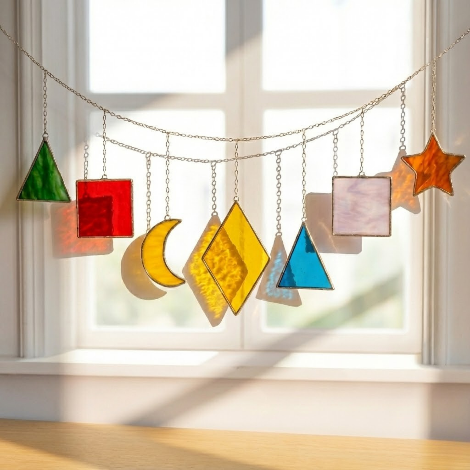 Geometric Suncatcher Garland – Rainbow Celestial Mobile – Stained Glass Window Decor – Boho Nursery Wall Art – New Home Gift