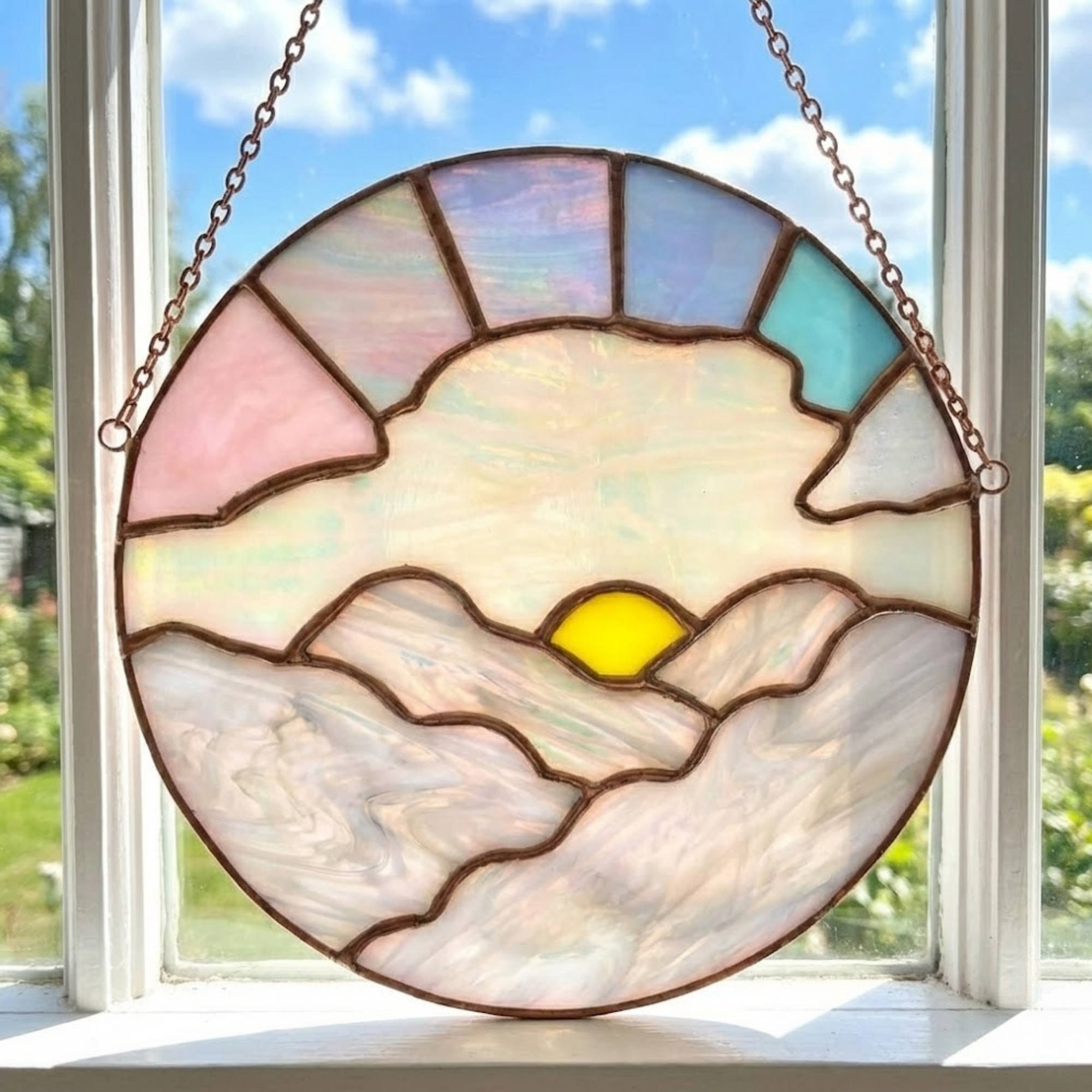 Stained Glass Sunrise Suncatcher – Iridescent Mountain Art – Window Hanging Decor – Pastel Cloud Landscape – Housewarming Gift for Her