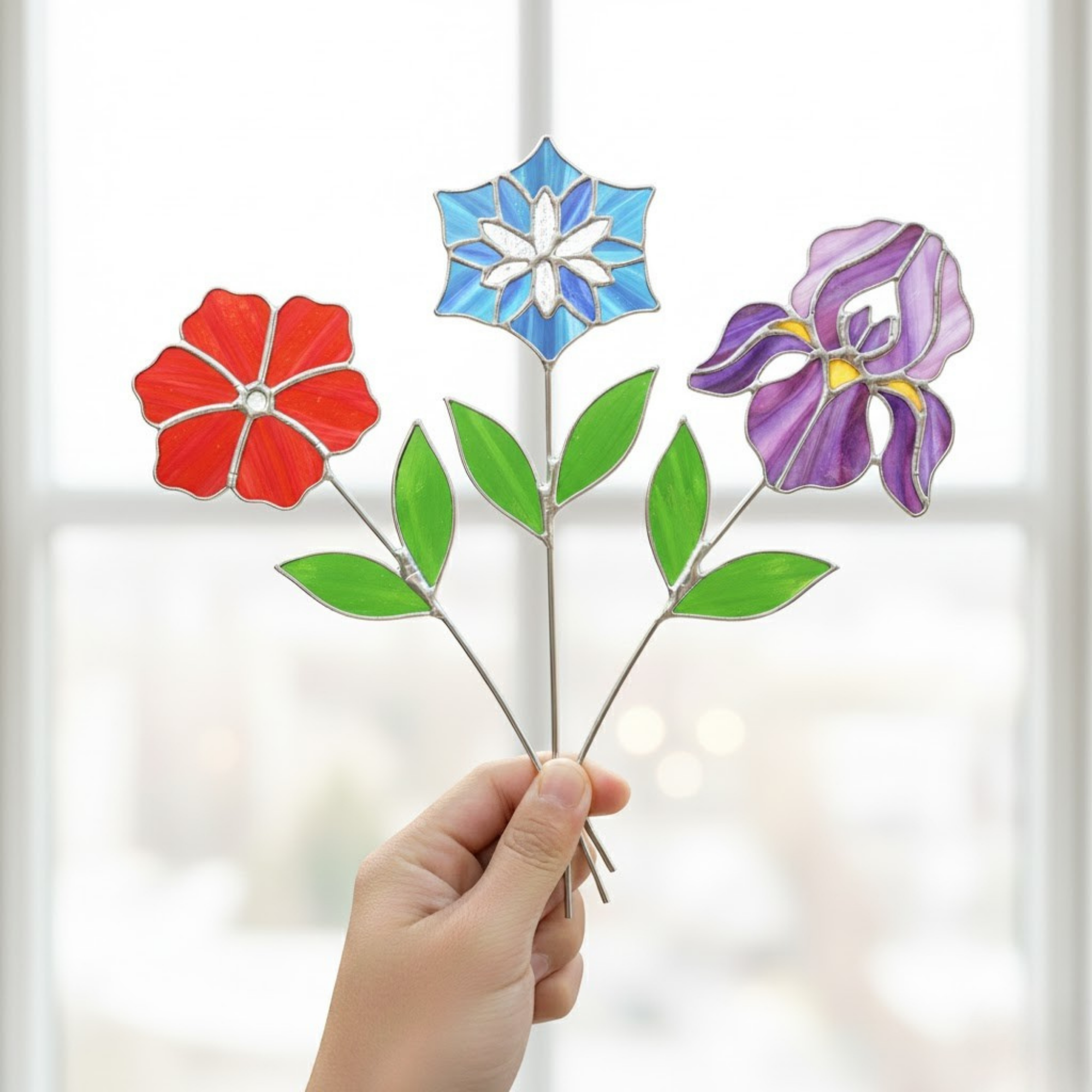 Colorful Potted Plant Decor – Stained Glass Art Stakes – 3 Piece Suncatcher Set – Spring Home Accent – Unique Gift
