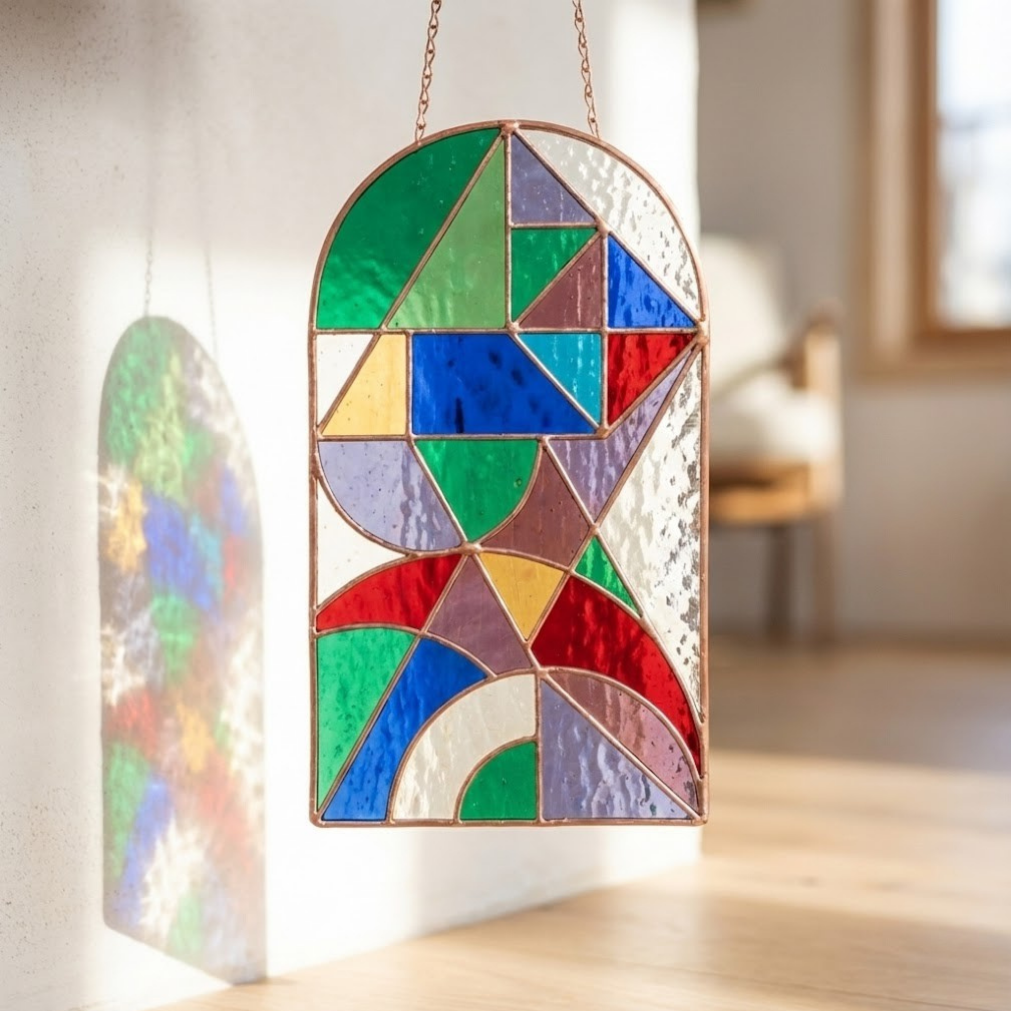 Modern Geometric Arch Panel – Stained Glass Suncatcher – Abstract Window Art – Colorful Mosaic Hanging – Unique Housewarming Gift