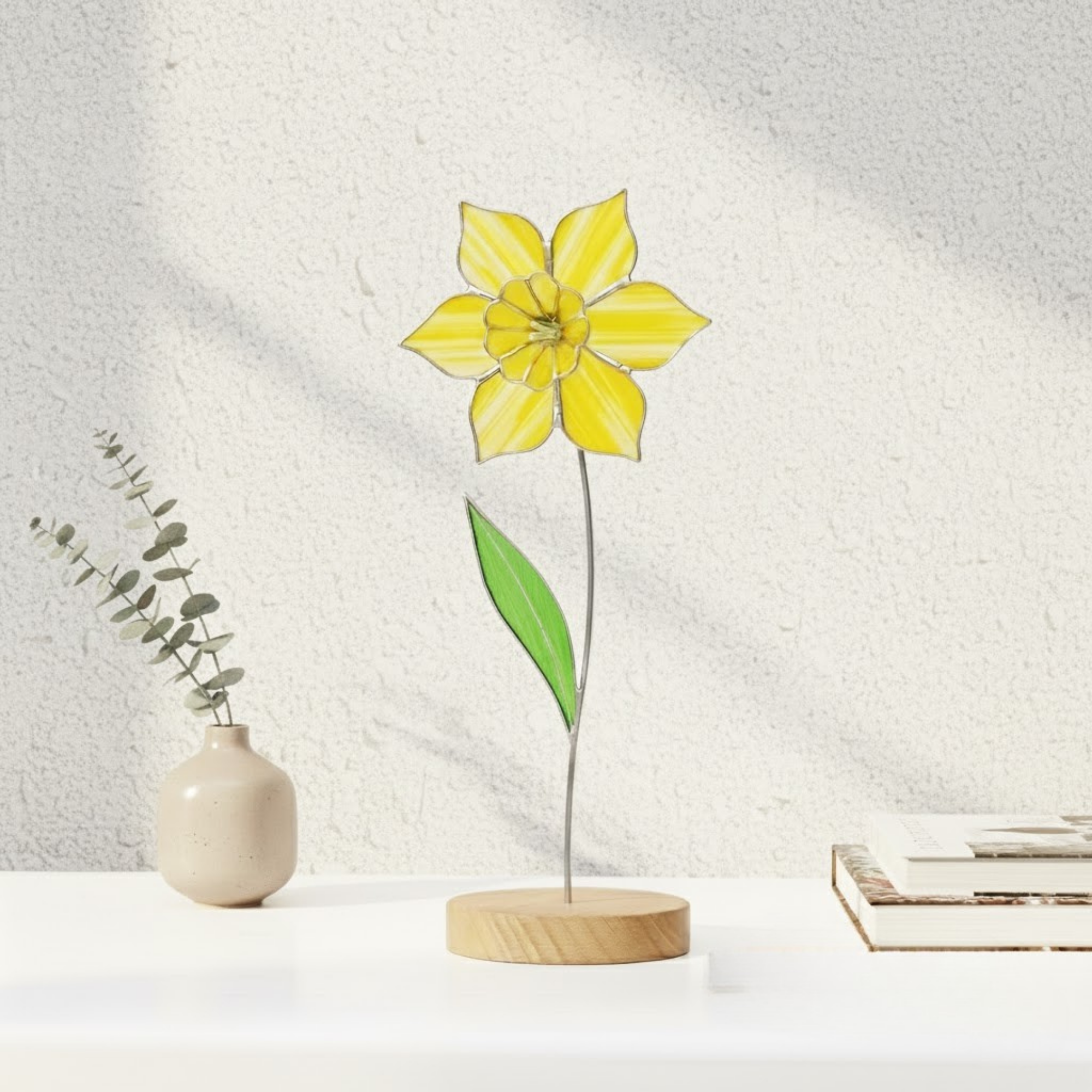 Radiant Yellow Daffodil Stained Glass Flower – 3D Standing Art Sculpture – Minimalist Desk Decor – Botanical Wood Base – March Birthday Gift for Her
