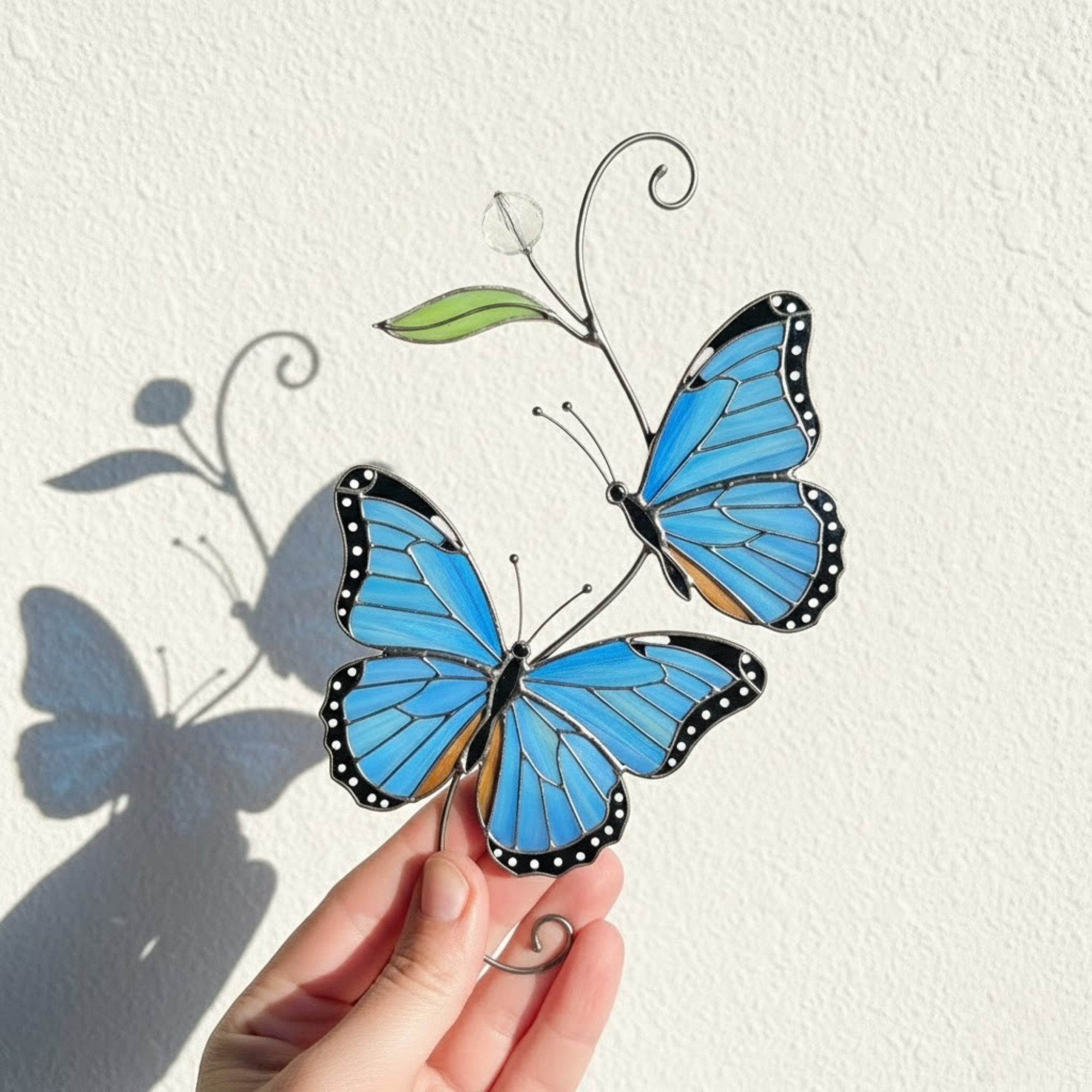 Double Blue Butterfly Stained Glass Suncatcher – Nature Art Gift – Window Hanging Decor – Tiffany Style Glass – Mom Birthday Present
