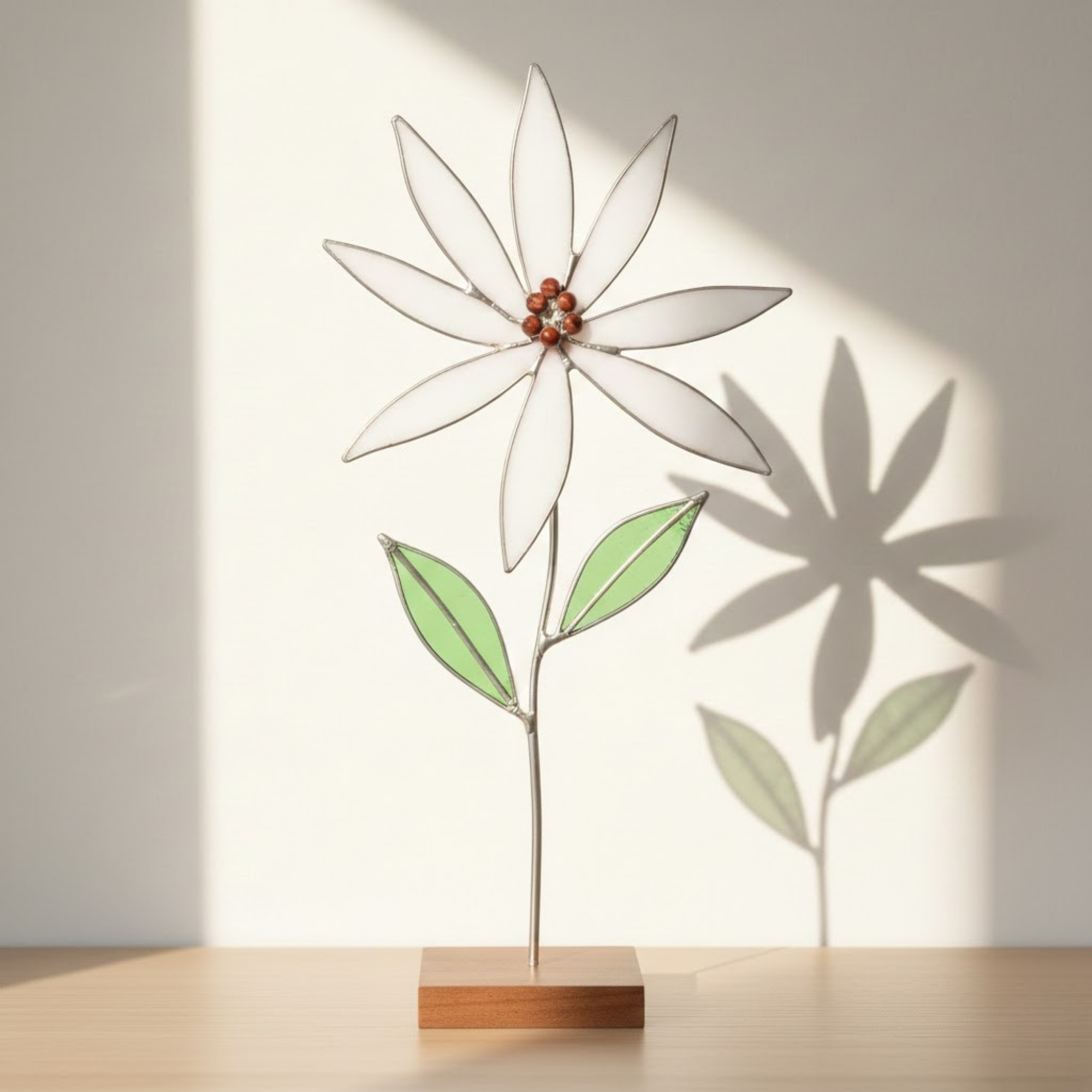 White Wildflower Botanical Sculpture – Eternal Bloom Desk Gift – Minimalist Stained Glass Art on Wood Base – Unique Birthday Present for Her