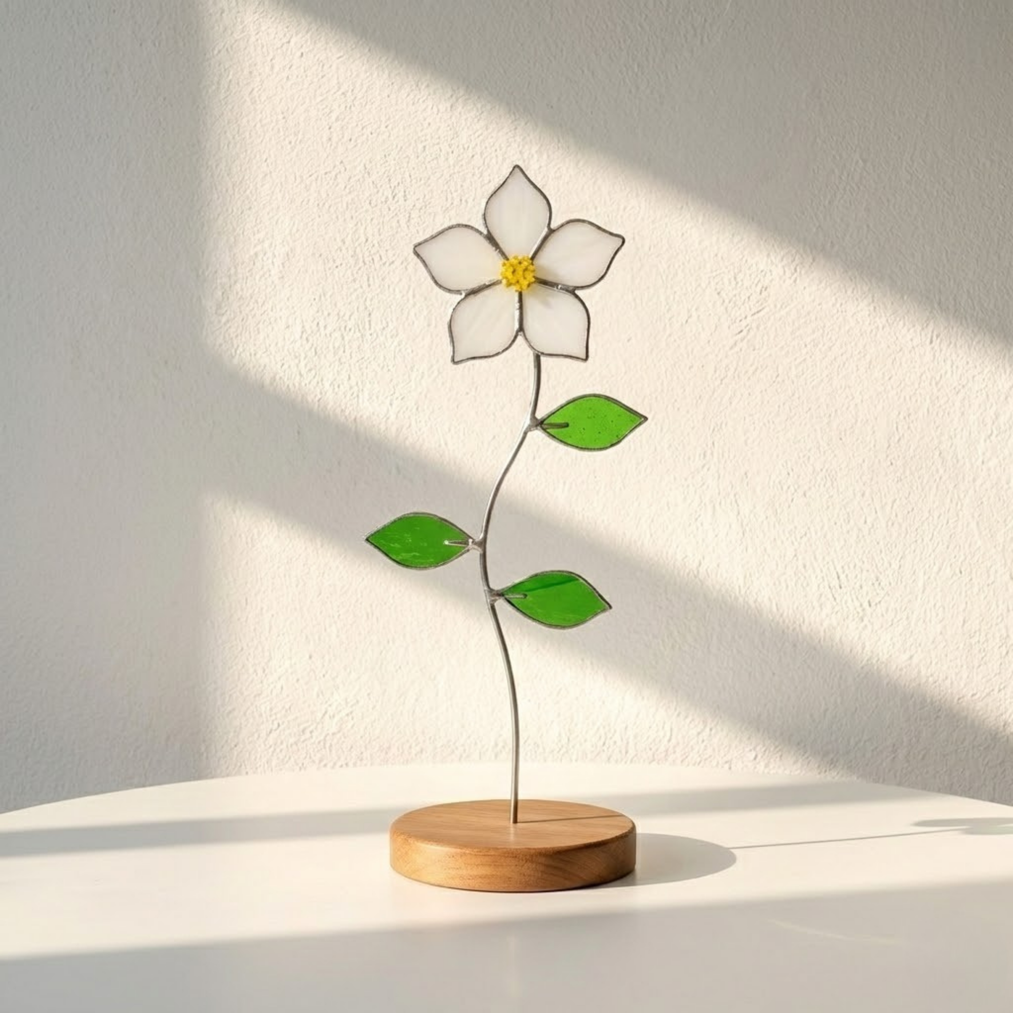 Stained Glass Flower Standing Decor – 3D Floral Sculpture on Wood Base – Minimalist Botanical Art – Everlasting Rose Lily Tulip – Gardening Gift for Her