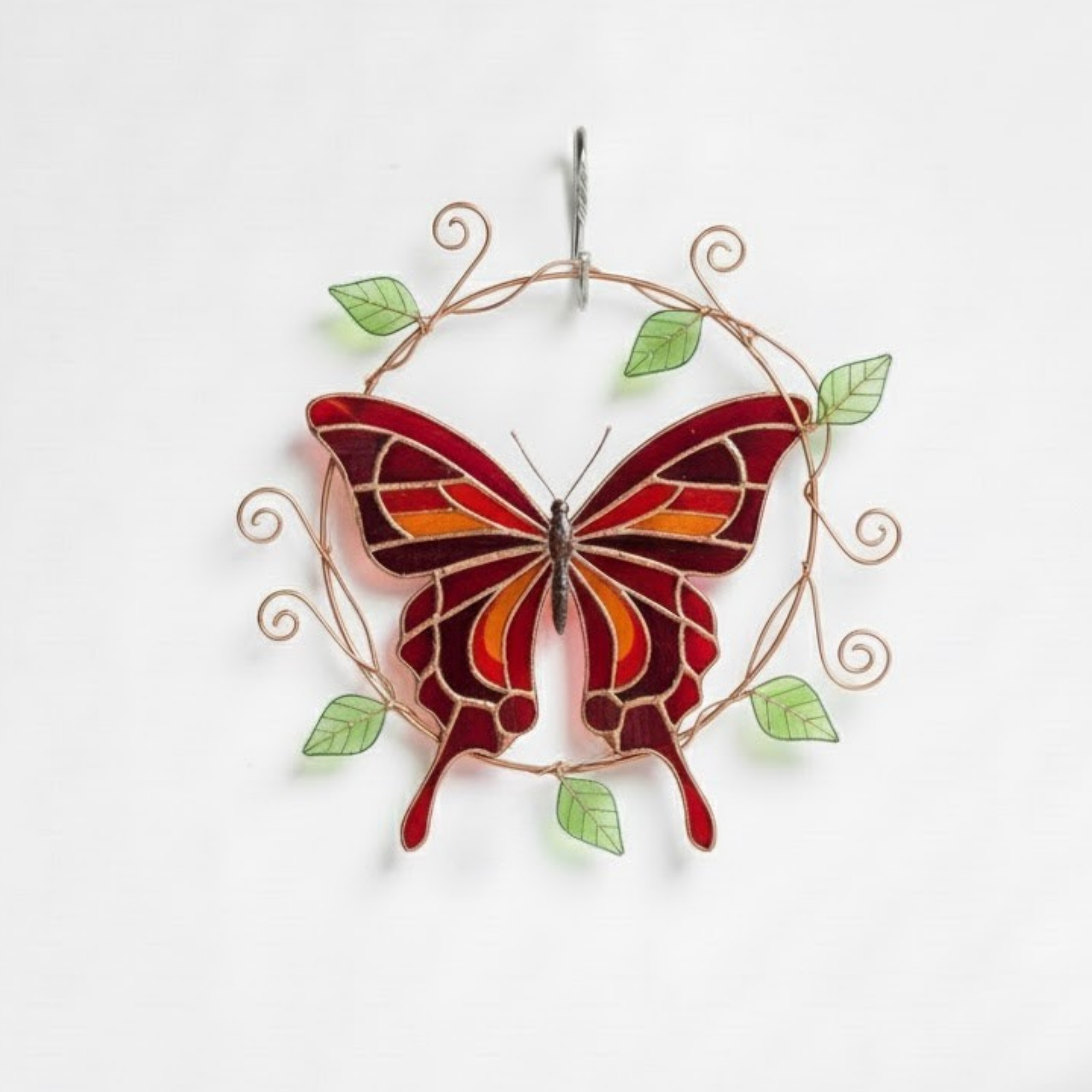 Red Butterfly Stained Glass Suncatcher – Nature Art Gift – Window Hanging Decor – Botanical Wire Wreath – Mother’s Day & Housewarming Present