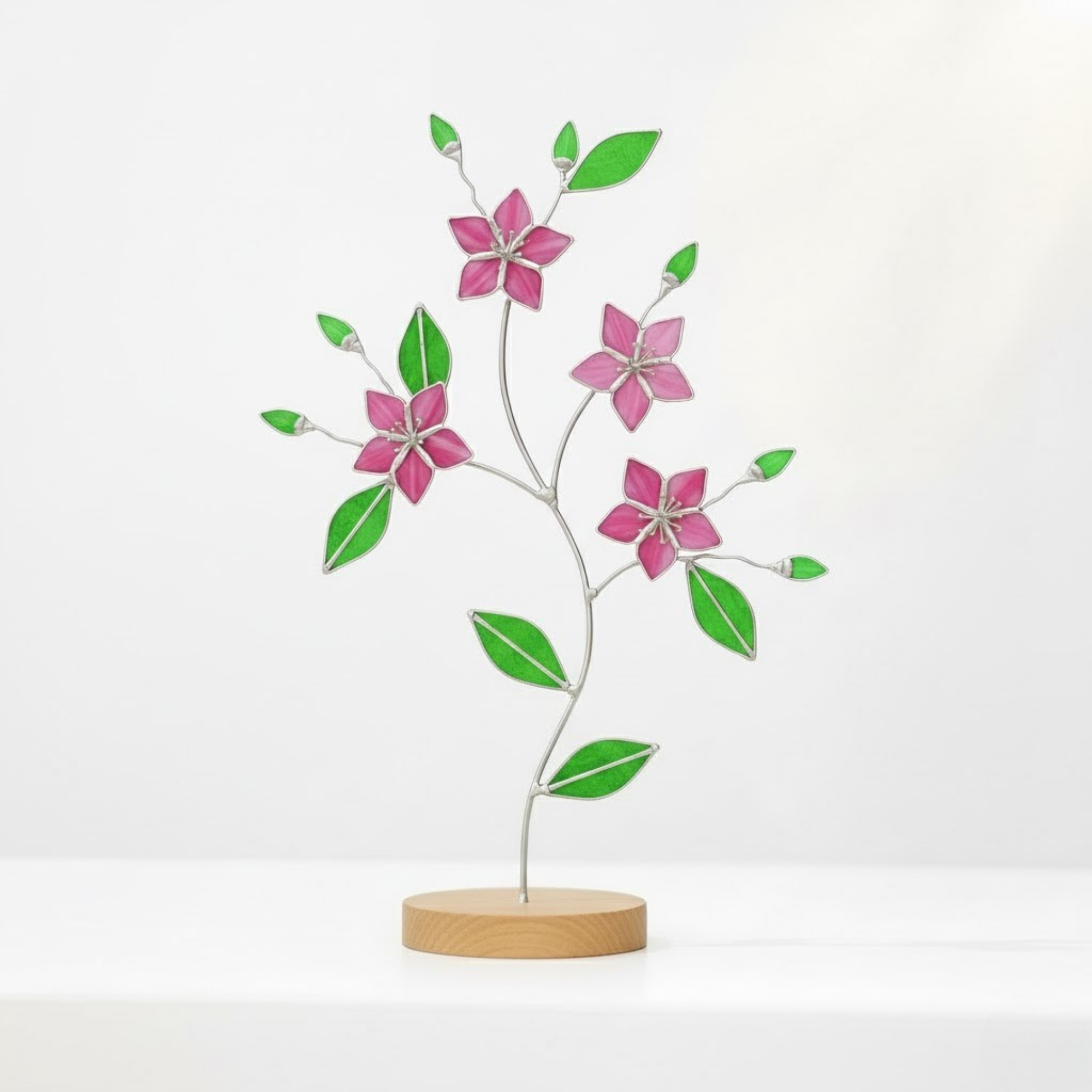 Botanical Tabletop Art – Stained Glass Flower Branch – Nature Inspired Decor – Pink and Yellow Bloom – Unique Gift for Her