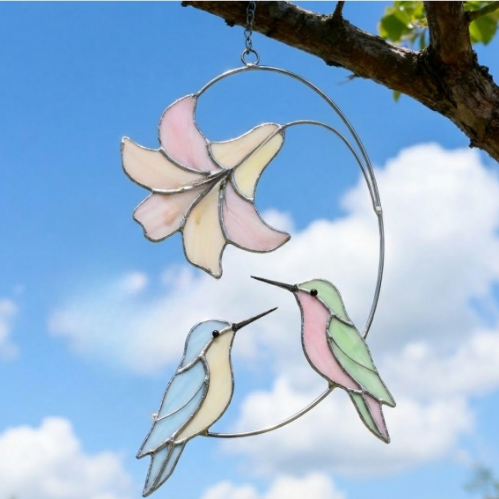 Hummingbird Flower Stained Glass Art – Nature Inspired Gift – Window & Wall Hanging Decor – Handmade Glass Artwork – Anniversary & Housewarming Gift