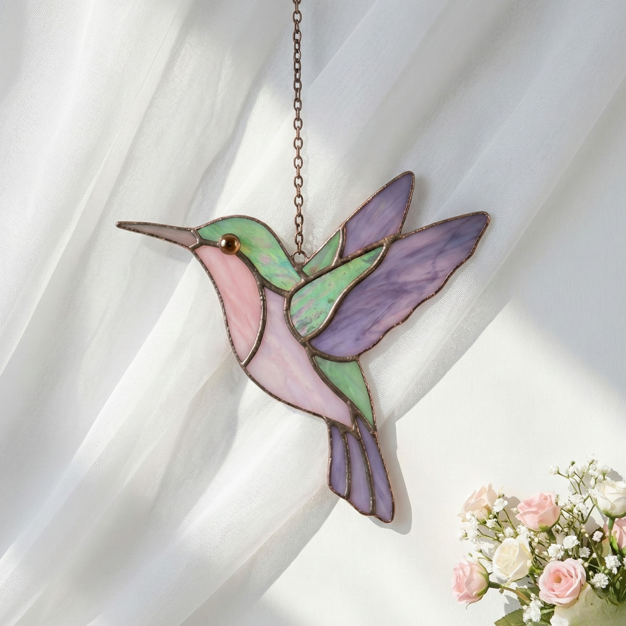 Bird Window Suncatcher – Hummingbird Stained Glass Art – Handmade Window Hanging Decor – Nature Inspired Gift for Home
