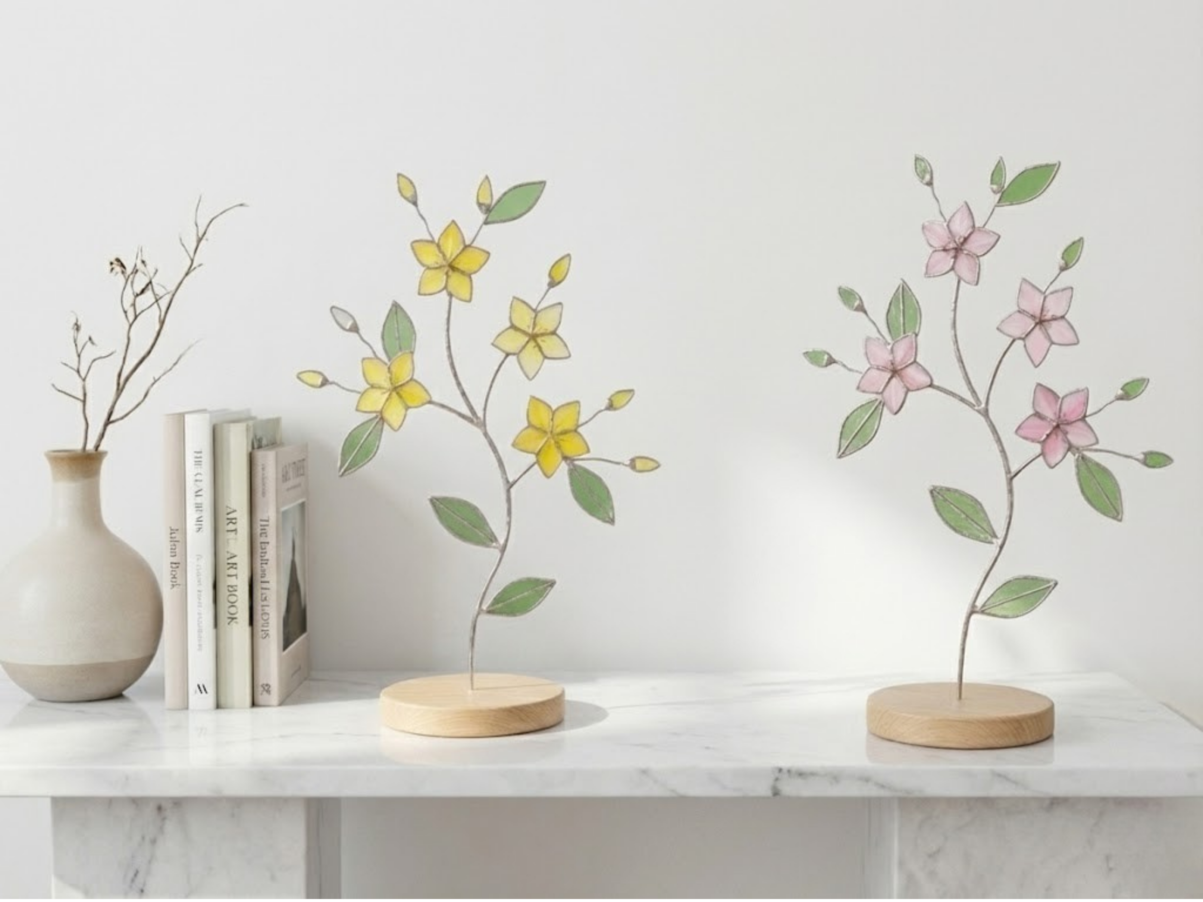 Botanical Tabletop Art – Stained Glass Flower Branch – Nature Inspired Decor – Pink and Yellow Bloom – Unique Gift for Her