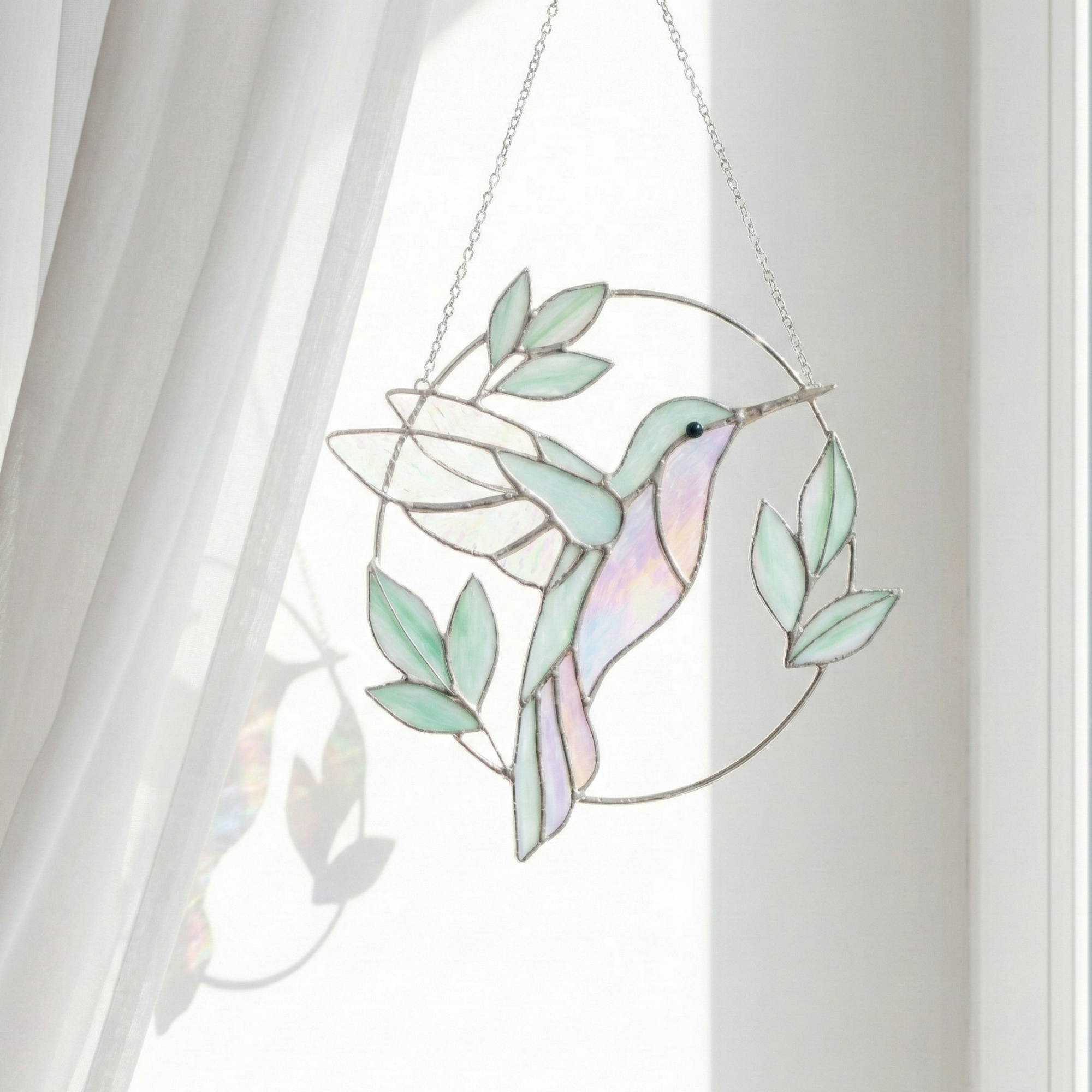 Iridescent Stained Glass Hummingbird – Light Catching Window Hanging Art, Handmade Nature Decor Gift