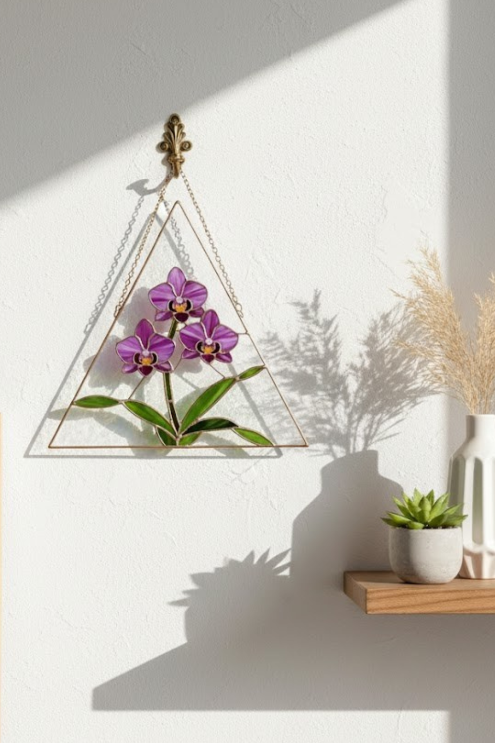 Stained Glass Purple Orchid Suncatcher – Geometric Floral Art – Window Hanging Decor – Modern Botanical Gift – Mother’s Day Present for Her