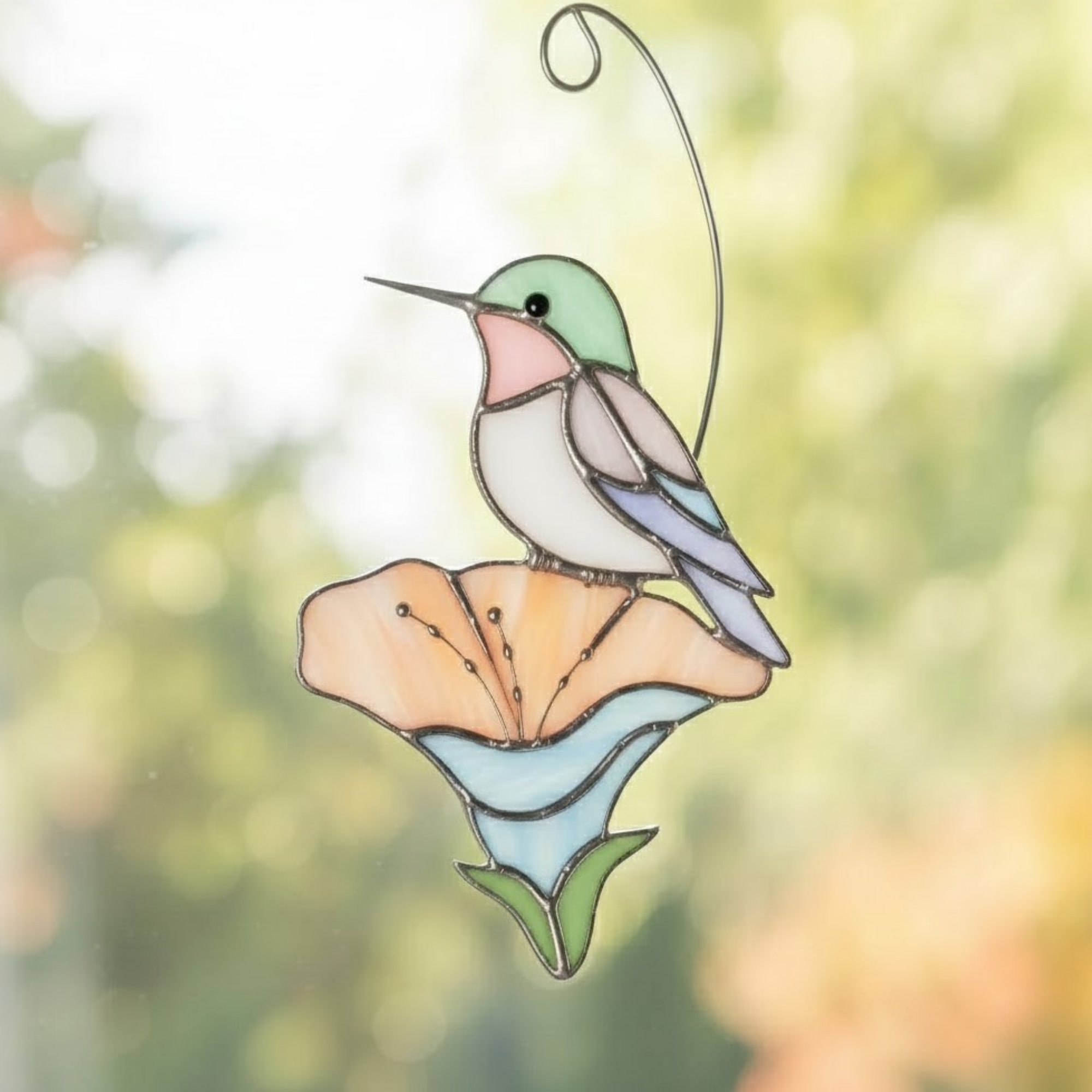 Stained Glass Bird on Flower Suncatcher, Pastel Window Hanging Art, Handmade Sun Catcher, Nature Inspired Home Decor