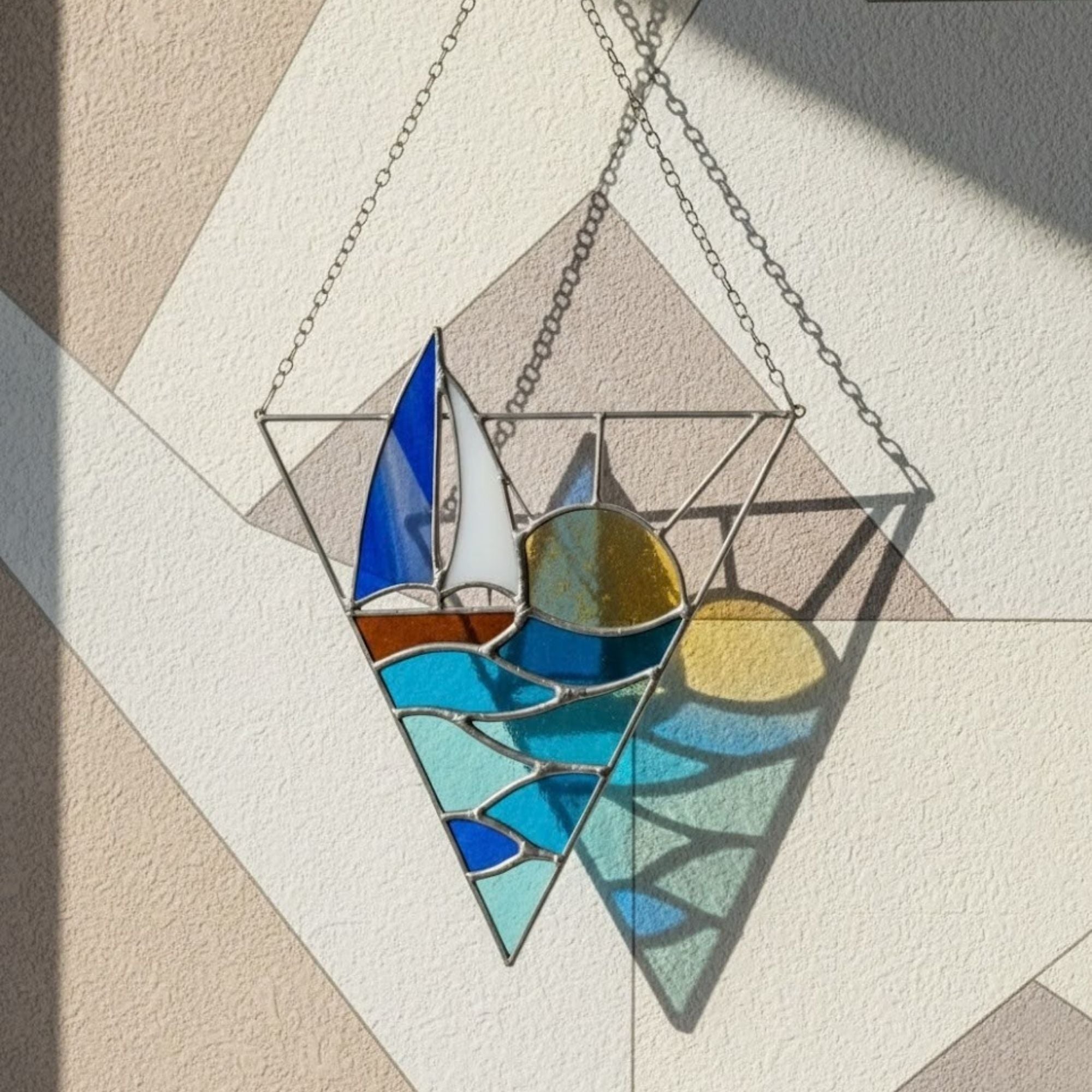 Nautical Sailboat Sun Catcher – Ocean Lover Present – Window Hanging Decor – Geometric Stained Glass Art – Housewarming Gift for Sailor