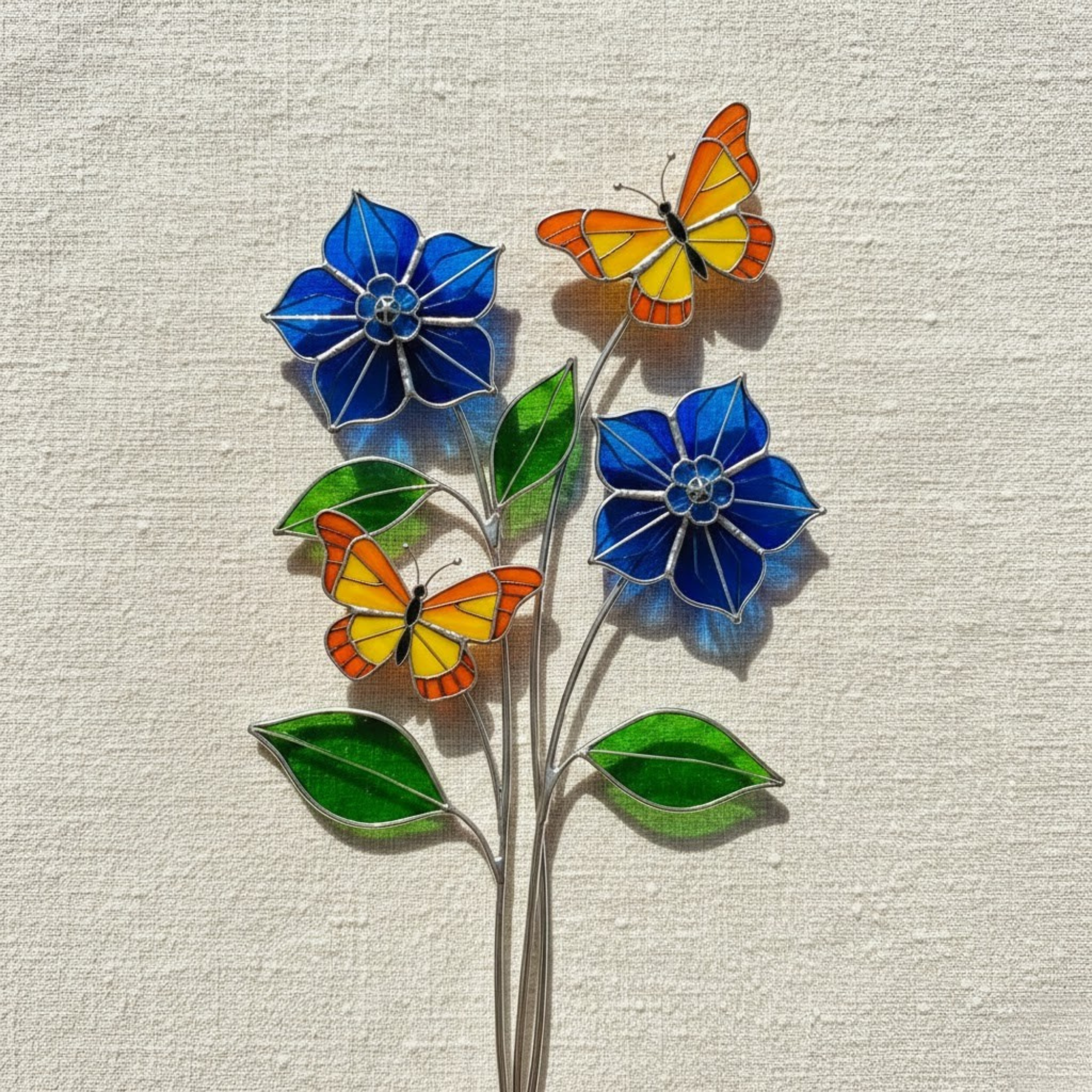 Stained Glass Butterfly & Blue Flower Bouquet – Botanical Art Gift – Tabletop Vase Decor – Whimsical Cottagecore Style – Gardener Birthday Present