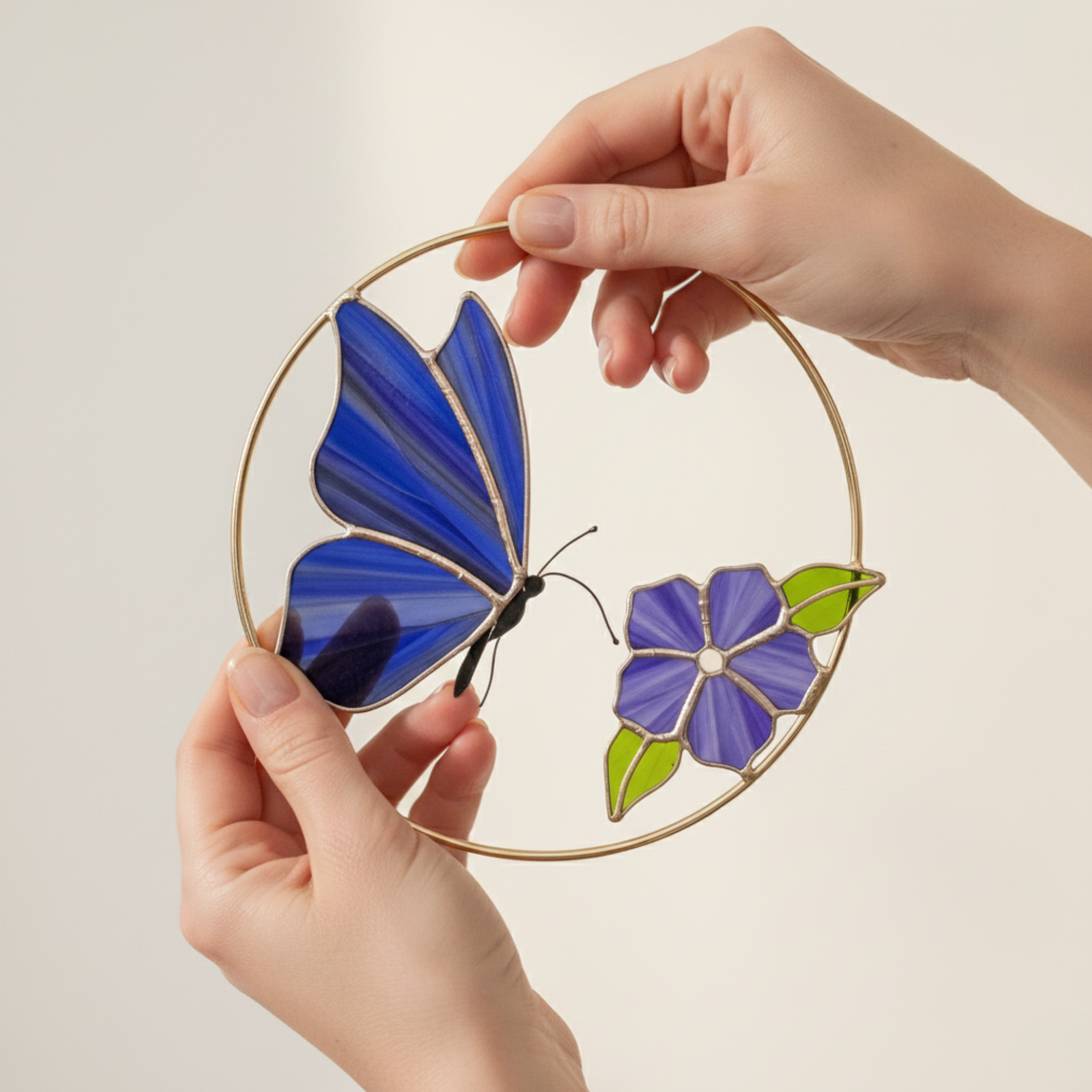 Blue Butterfly Stained Glass Suncatcher – Window Hanging Decor – Modern Nature Style – Mother’s Day Garden Gift