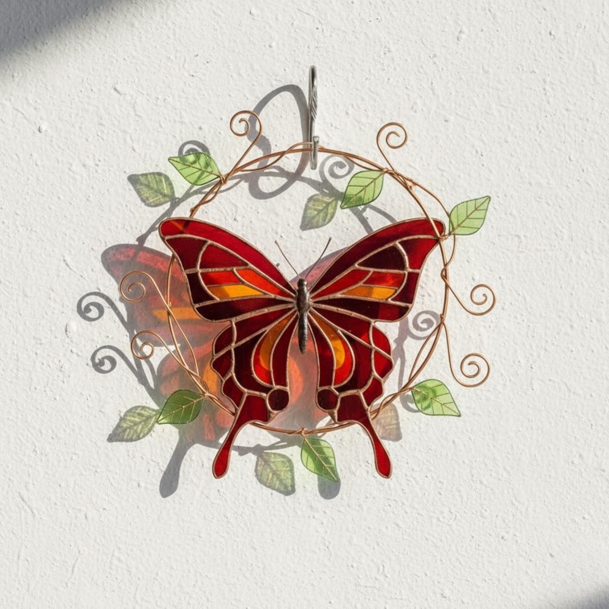 Red Butterfly Stained Glass Suncatcher – Nature Art Gift – Window Hanging Decor – Botanical Wire Wreath – Mother’s Day & Housewarming Present