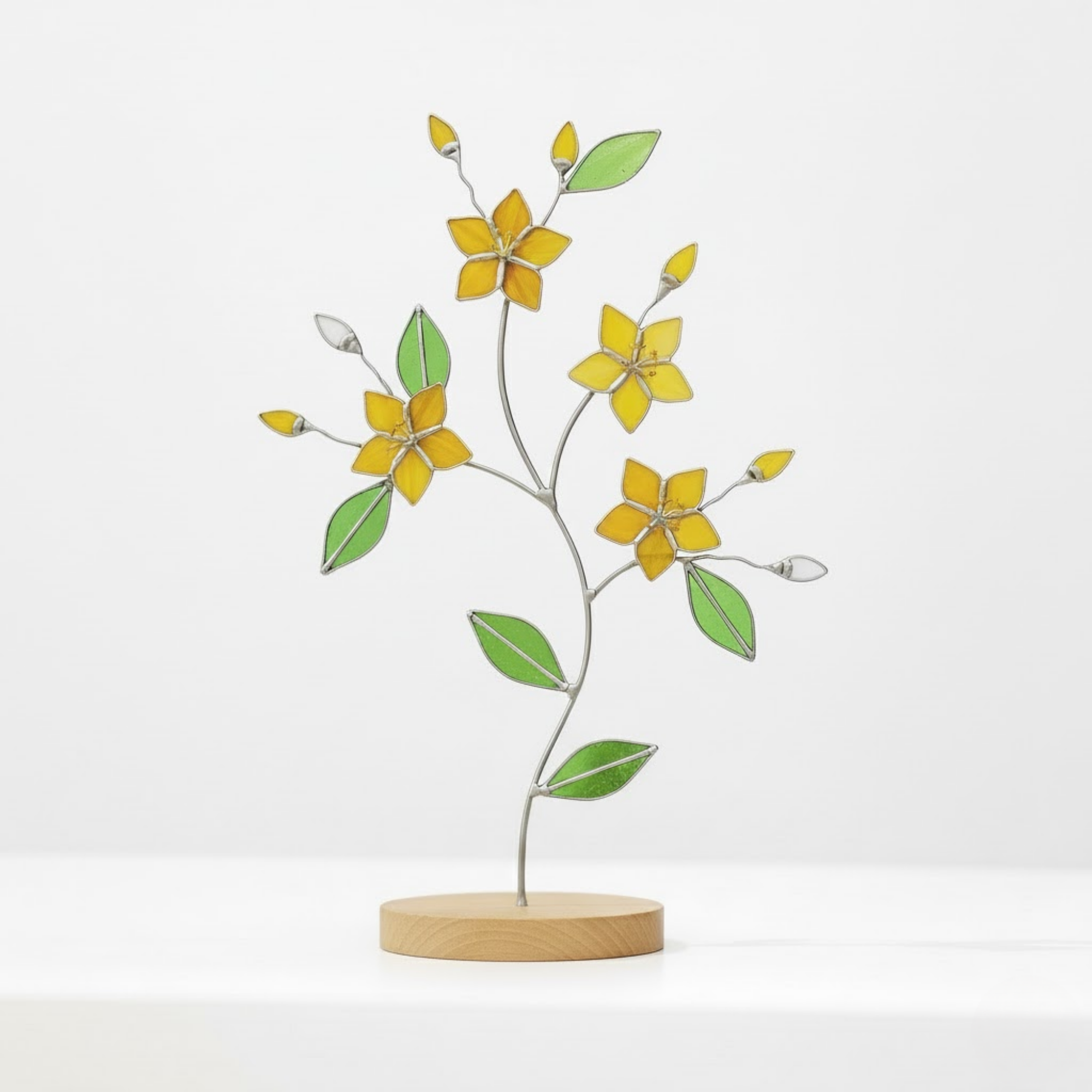 Botanical Tabletop Art – Stained Glass Flower Branch – Nature Inspired Decor – Pink and Yellow Bloom – Unique Gift for Her