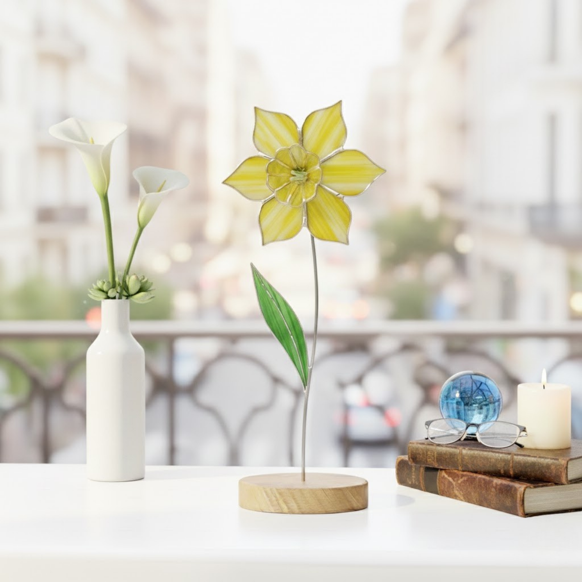 Radiant Yellow Daffodil Stained Glass Flower – 3D Standing Art Sculpture – Minimalist Desk Decor – Botanical Wood Base – March Birthday Gift for Her