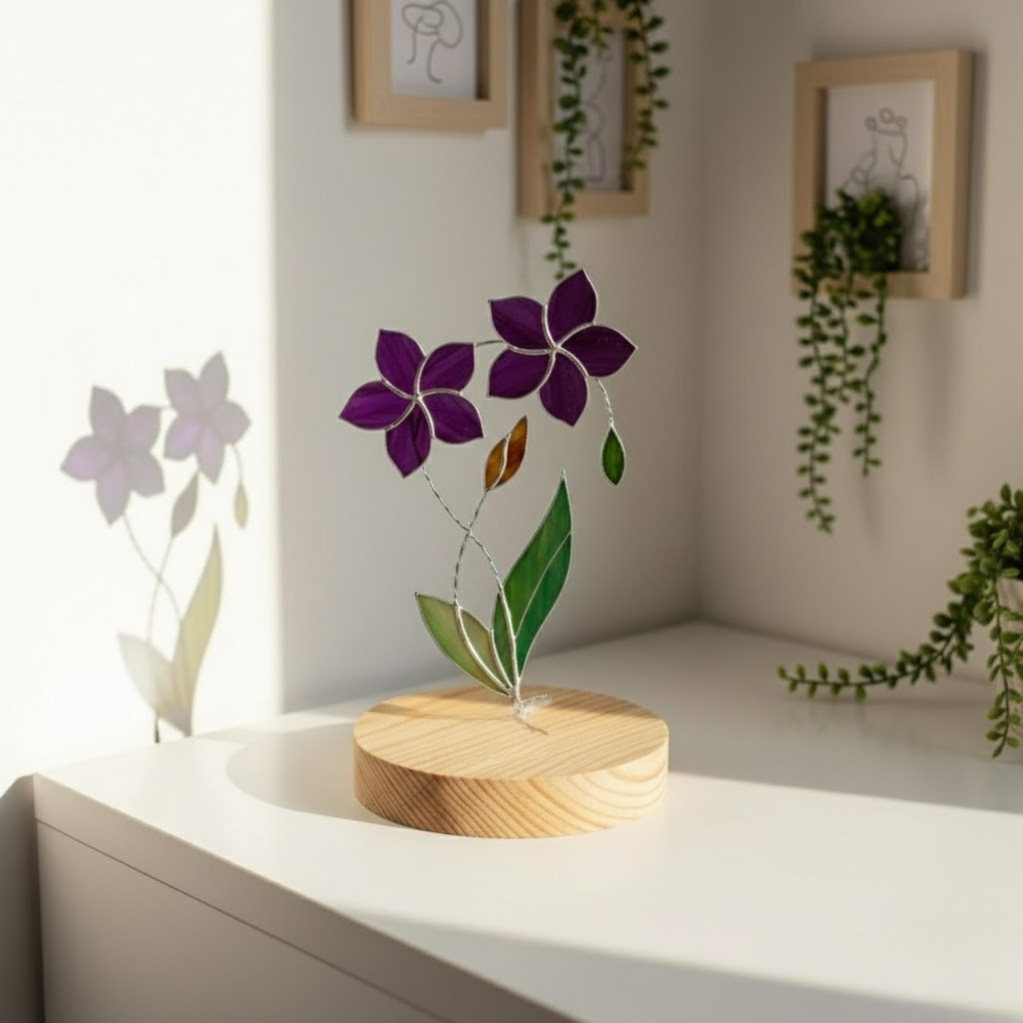 Stained Glass Double Flower Stand – Custom Color Botanical Art – Minimalist Desk Decor on Wood Base – Everlasting Floral Gift – Mother’s Day Present