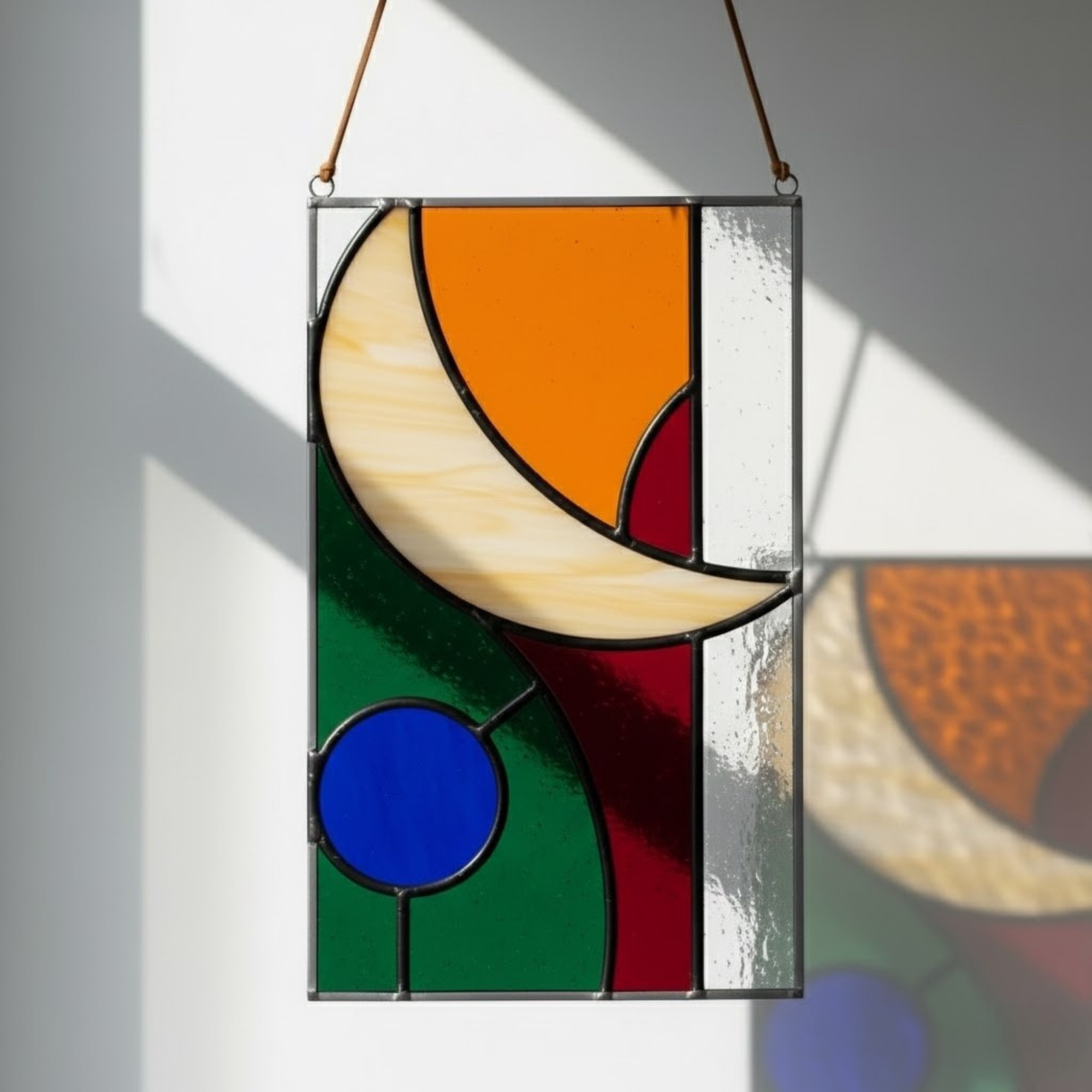 Modern Geometric Stained Glass Suncatcher – Abstract Celestial Window Art – Colorful Hanging Panel – Mid Century Home Decor – Unique Housewarming Gift