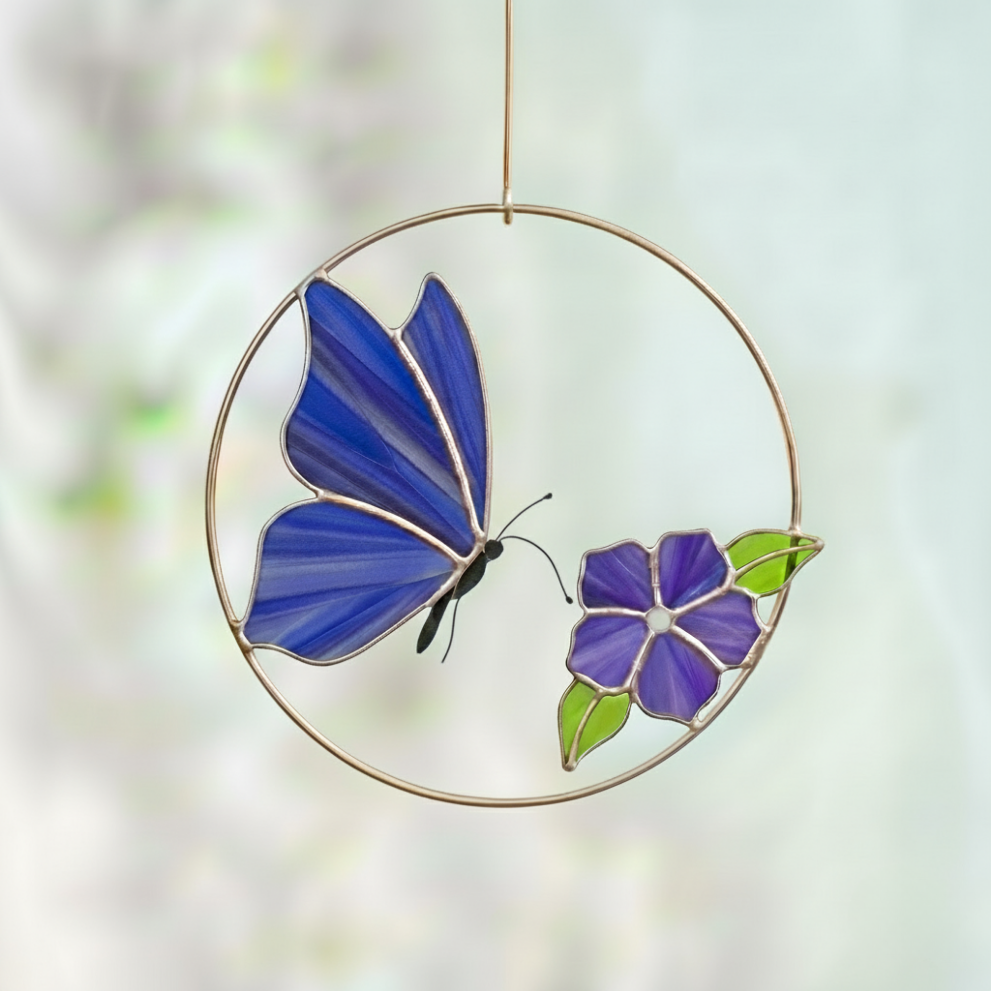 Blue Butterfly Stained Glass Suncatcher – Window Hanging Decor – Modern Nature Style – Mother’s Day Garden Gift