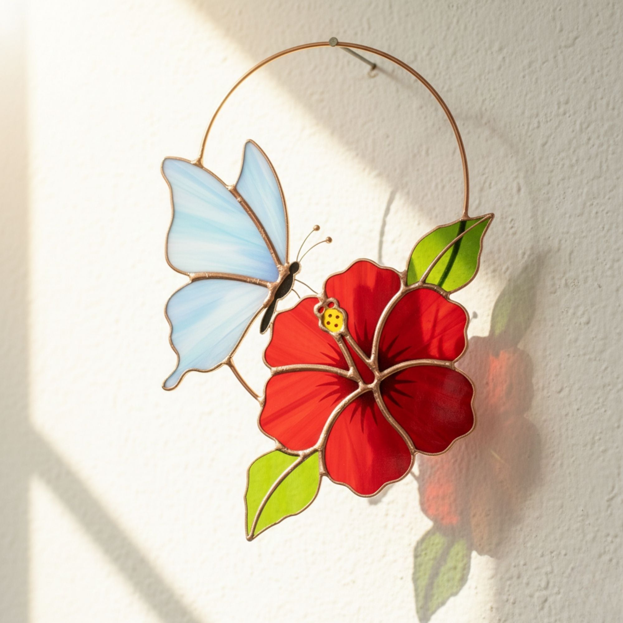 Red Hibiscus Stained Glass Suncatcher – Blue Butterfly Window Art – Tropical Flower Hanging – Nature Lover Gift – Summer Home Accent