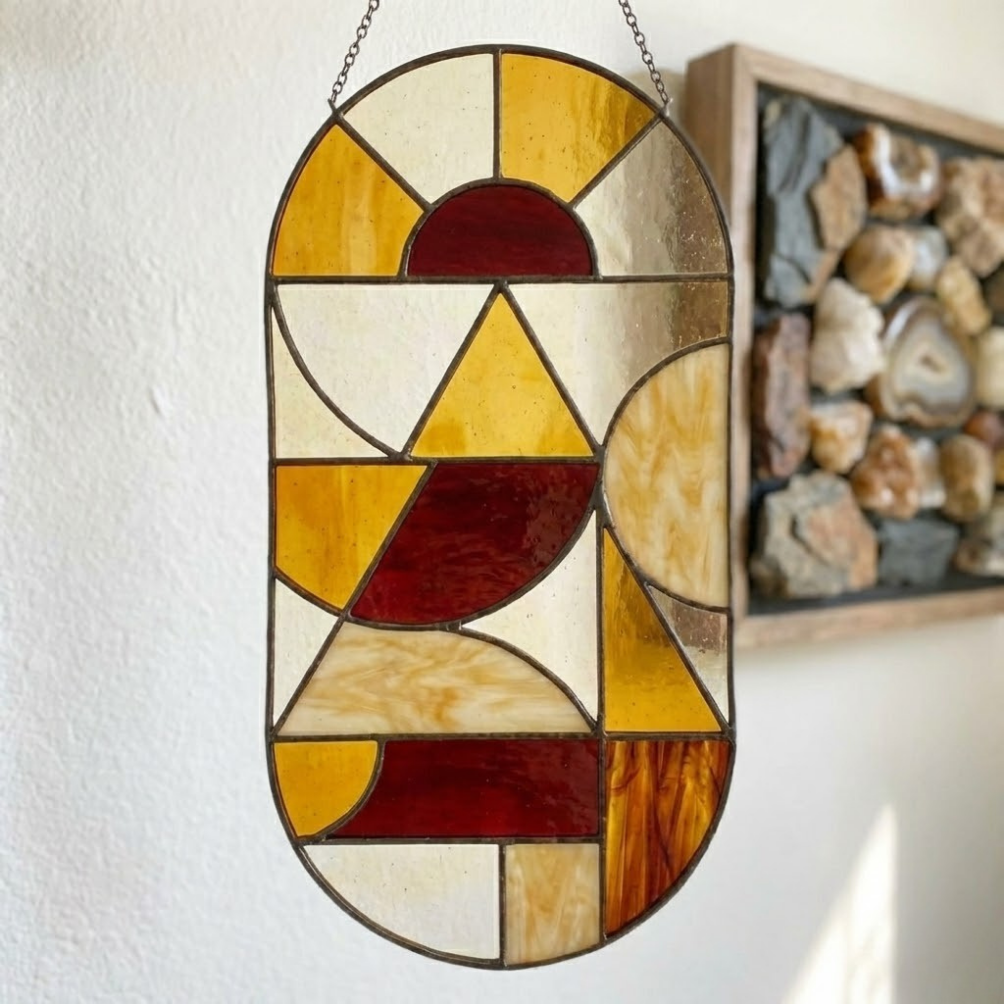 Modern Art Deco Suncatcher – Geometric Window Hanging – Warm Amber Decor – Stained Glass Art Panel – Unique Housewarming Gift