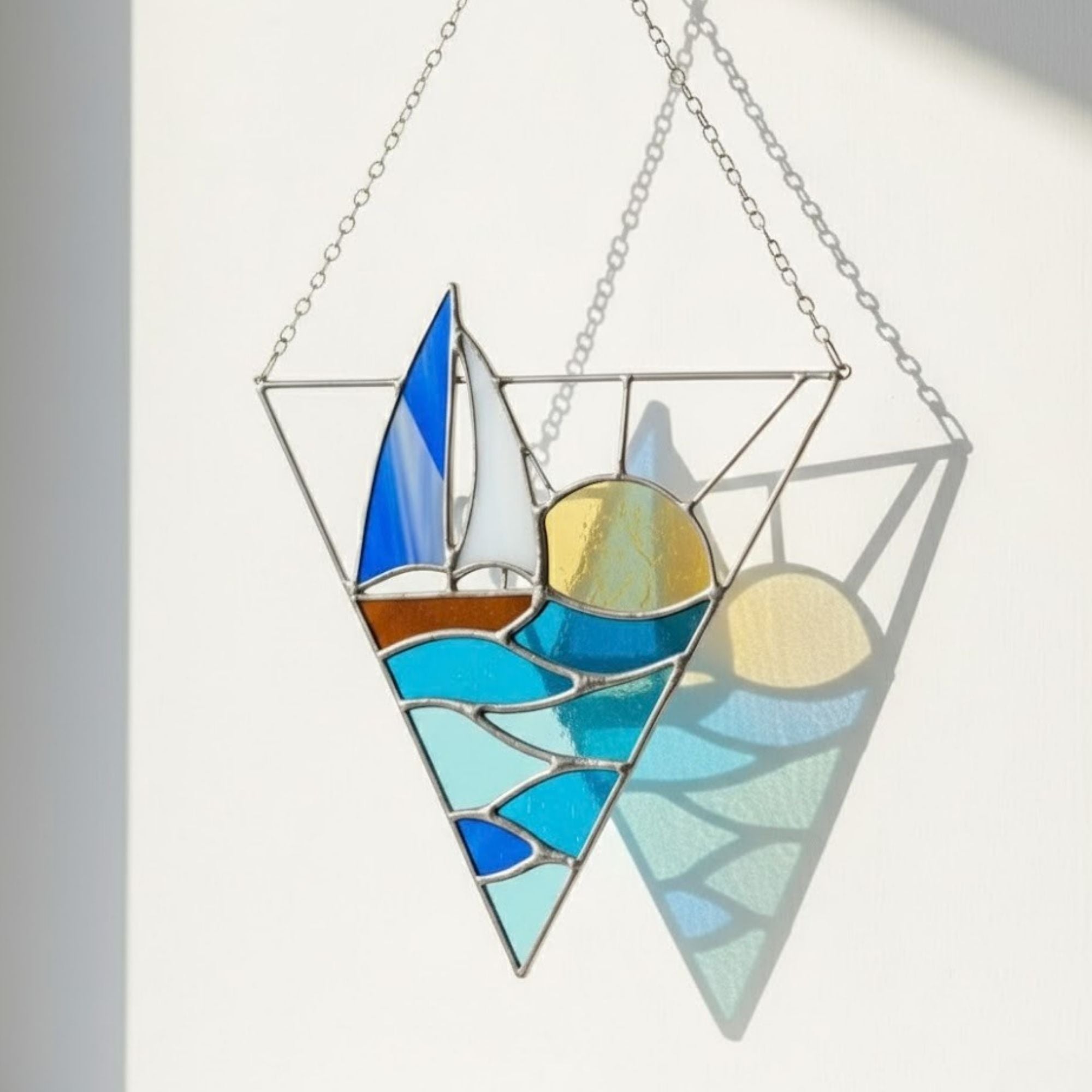 Nautical Sailboat Sun Catcher – Ocean Lover Present – Window Hanging Decor – Geometric Stained Glass Art – Housewarming Gift for Sailor