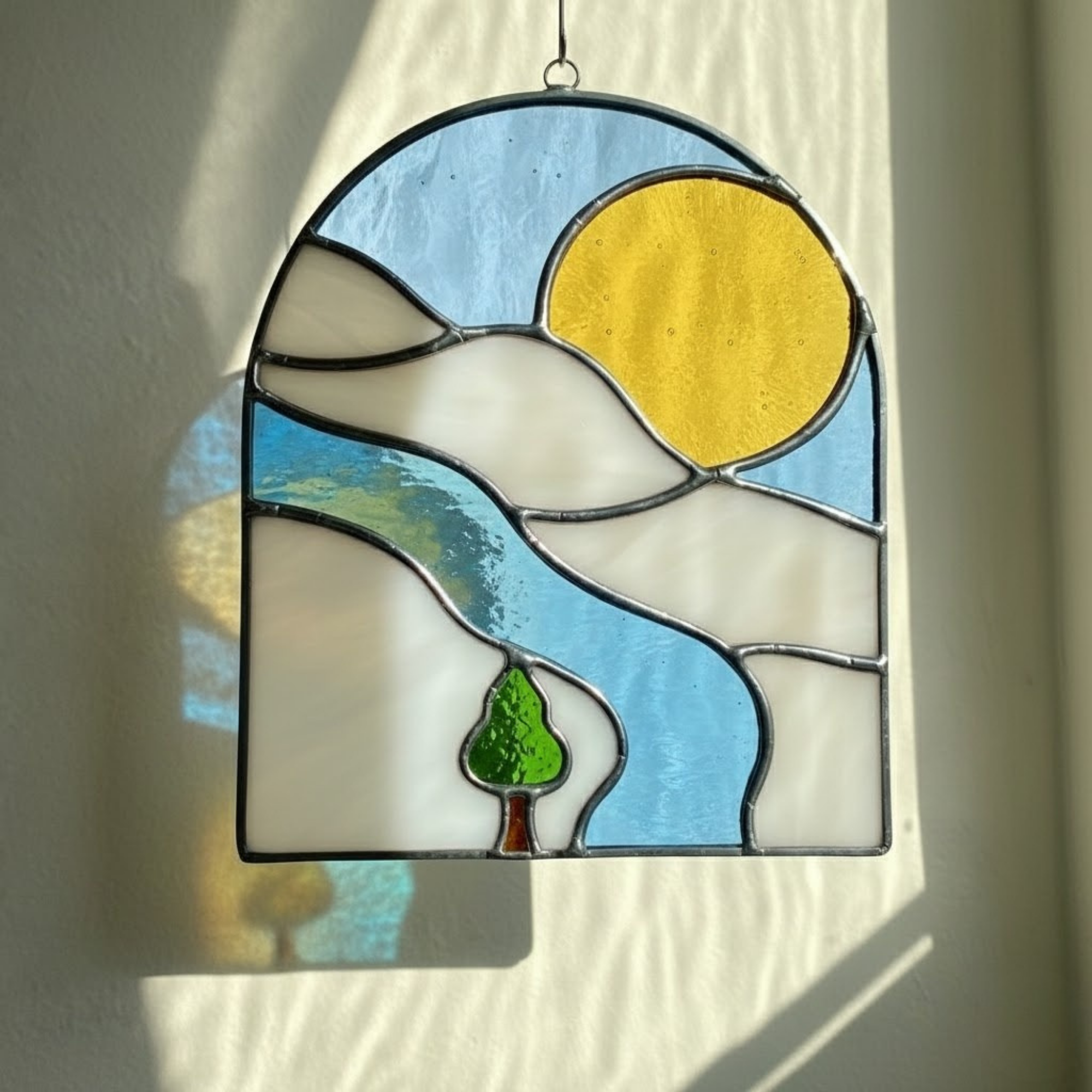 Stained Glass River & Sun Arch Suncatcher – Nature Lover Gift – Window Hanging Decor – Modern Minimalist Art – Housewarming Present