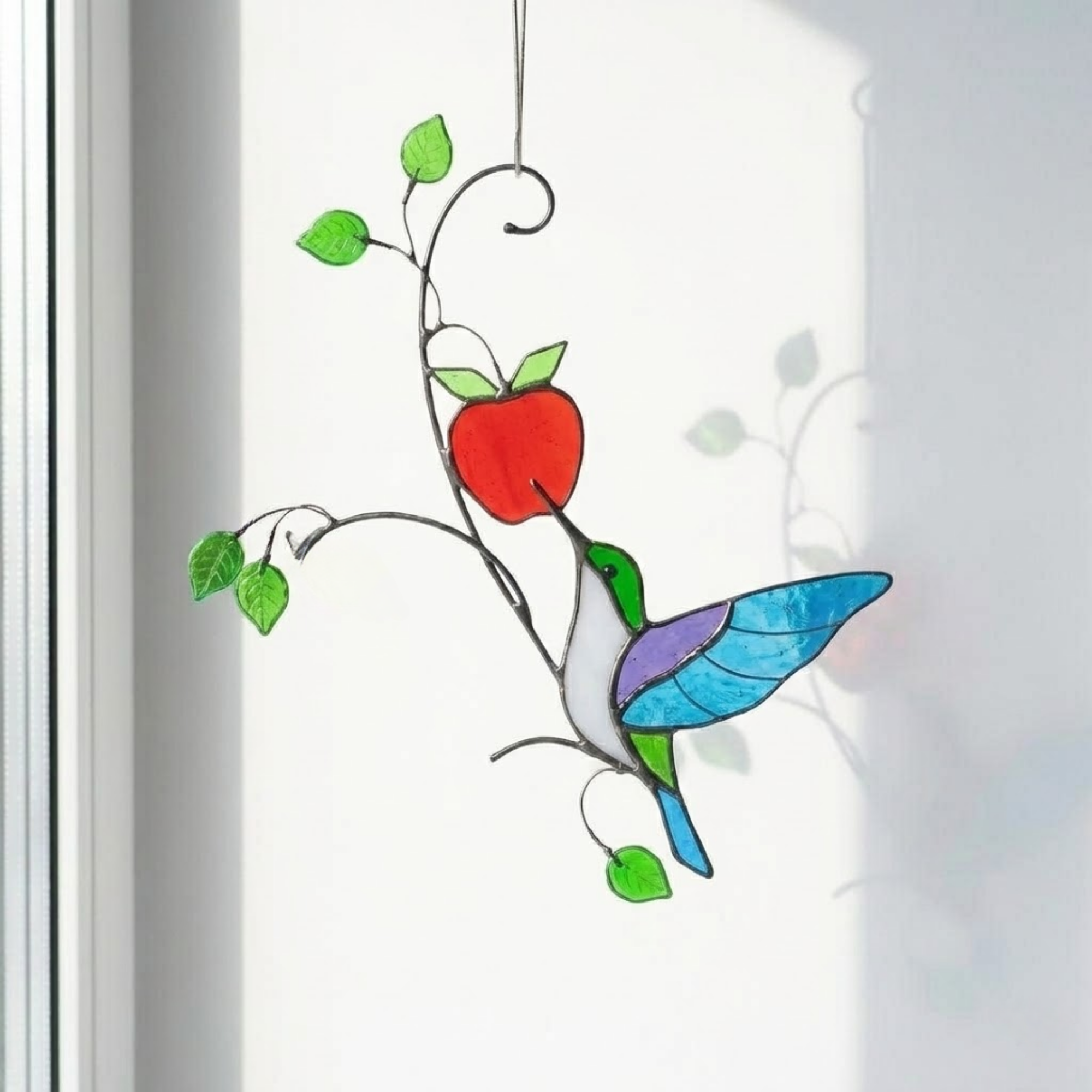 Stained Glass Hummingbird Suncatcher with Apple – Handmade Window Hanging, Spring Nature Decor