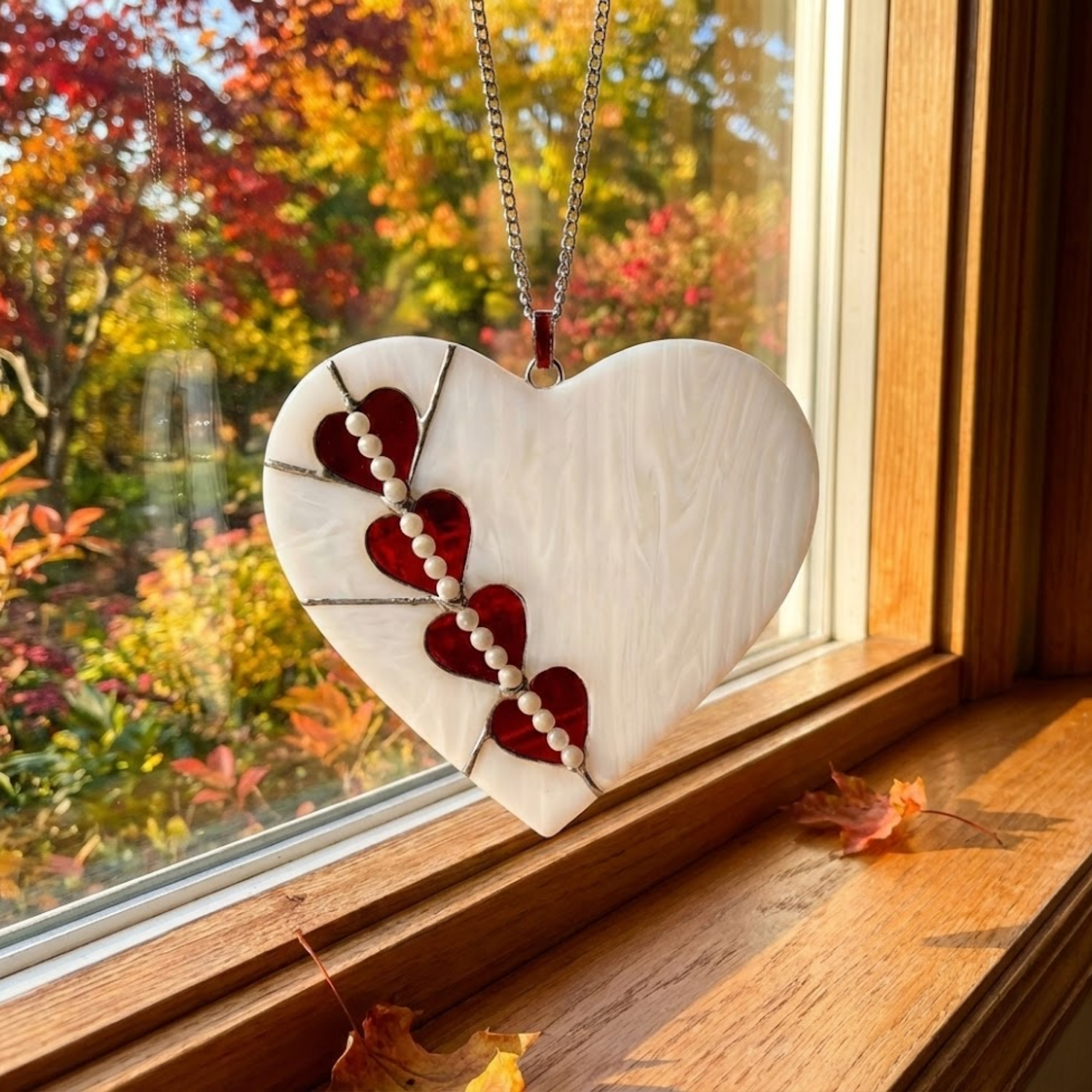 Stained Glass Mended Heart Suncatcher – Romantic Anniversary Gift – Window Hanging Decor – Pearl and Red Glass Art – Valentine’s Day Present for Her