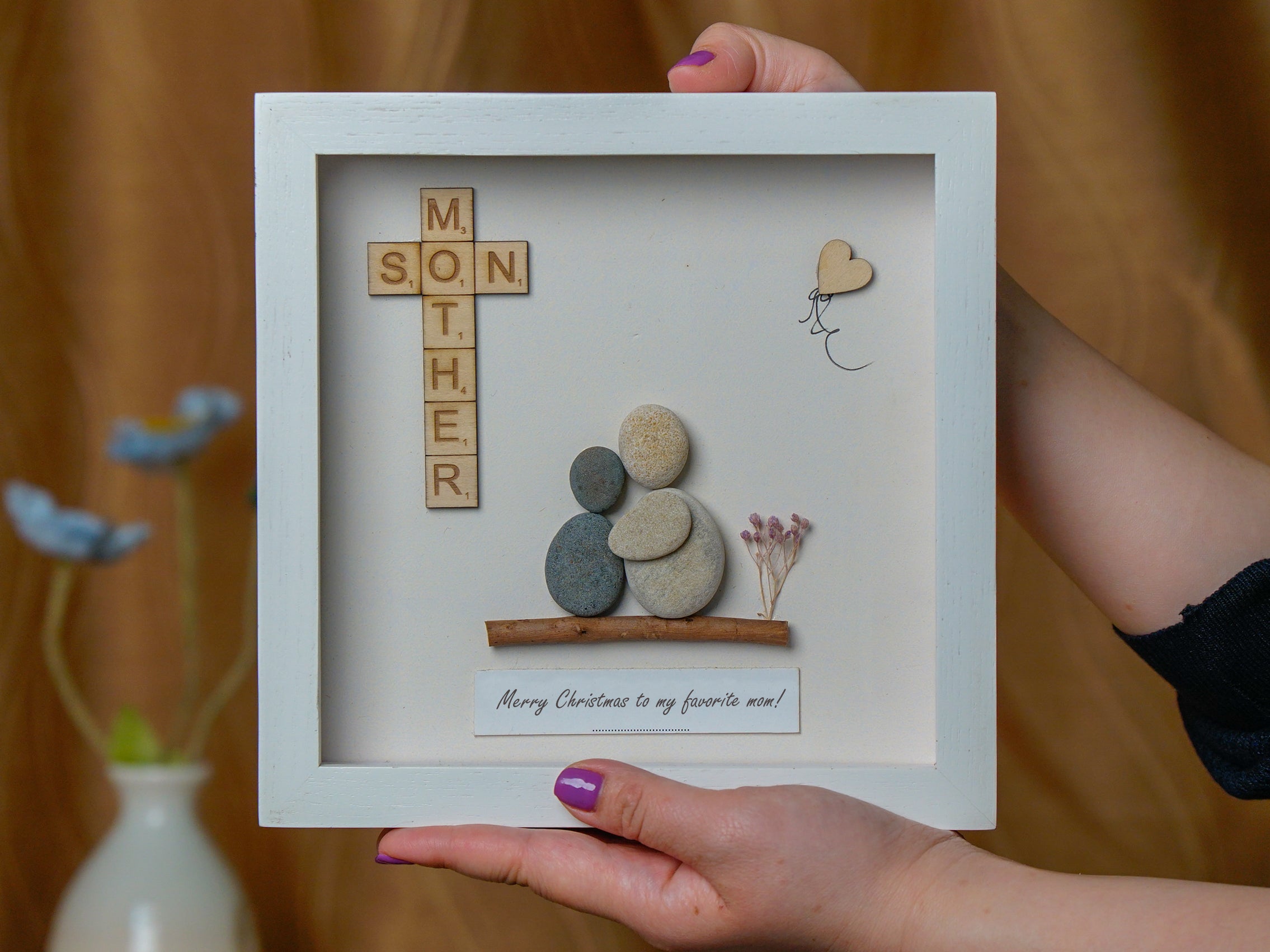 Handcrafted Mother And Son Christmas Pebble Frame, Christmas Gift for Mom, Mom's Christmas Gift from Son, Mom Christmas Gift