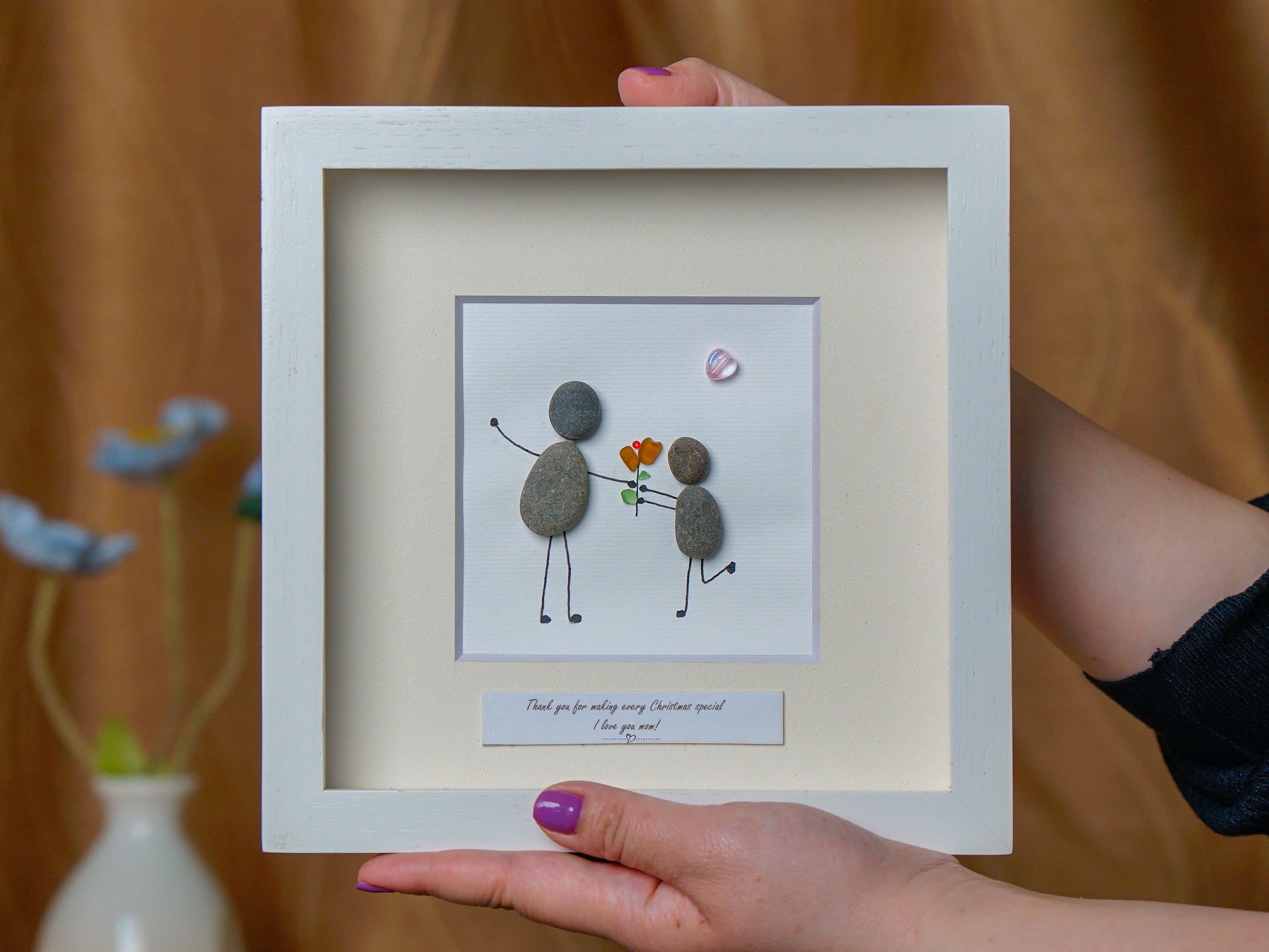 Personalized Wooden Framed Christmas Gift for Mom, Christmas Gift for Mom, New Mom's Christmas Gift, Mom Pebble Art