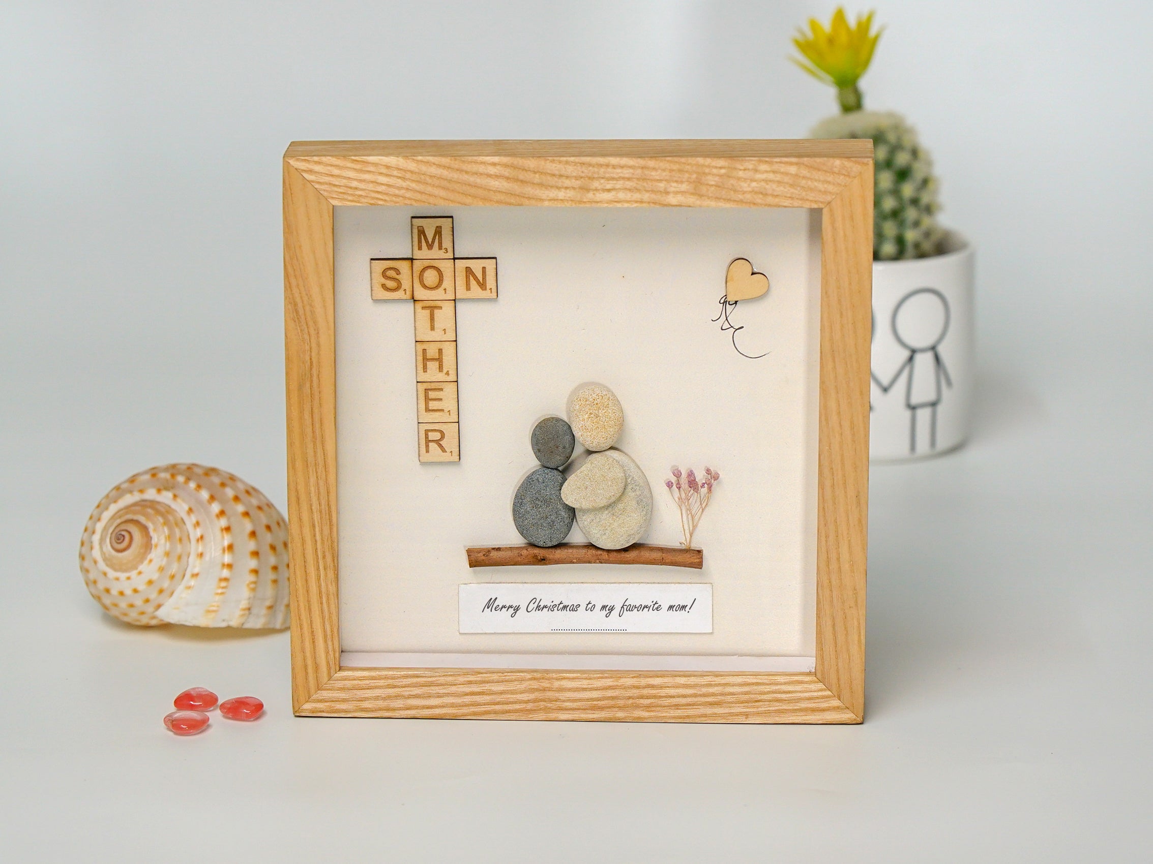 Handcrafted Mother And Son Christmas Pebble Frame, Christmas Gift for Mom, Mom's Christmas Gift from Son, Mom Christmas Gift