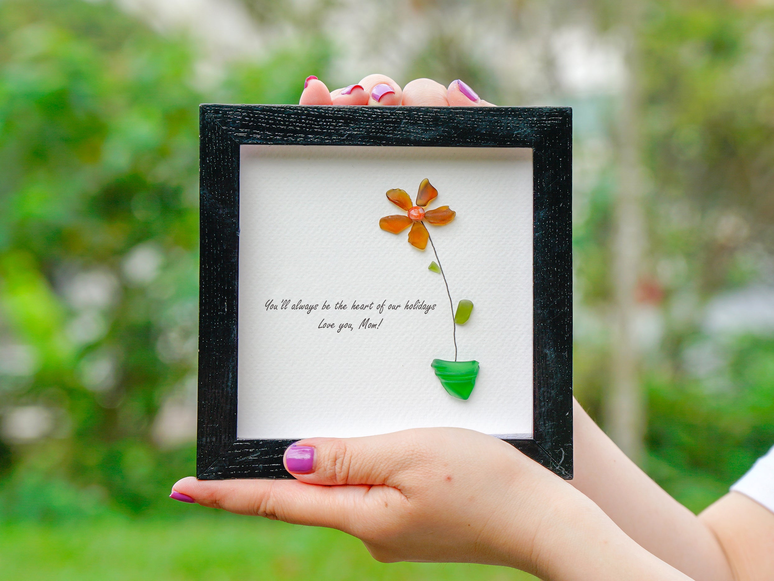 Handcrafted Sea Glass Flower Art Frame, Christmas Gift for Mom, 1st Mom's Christmas Gift