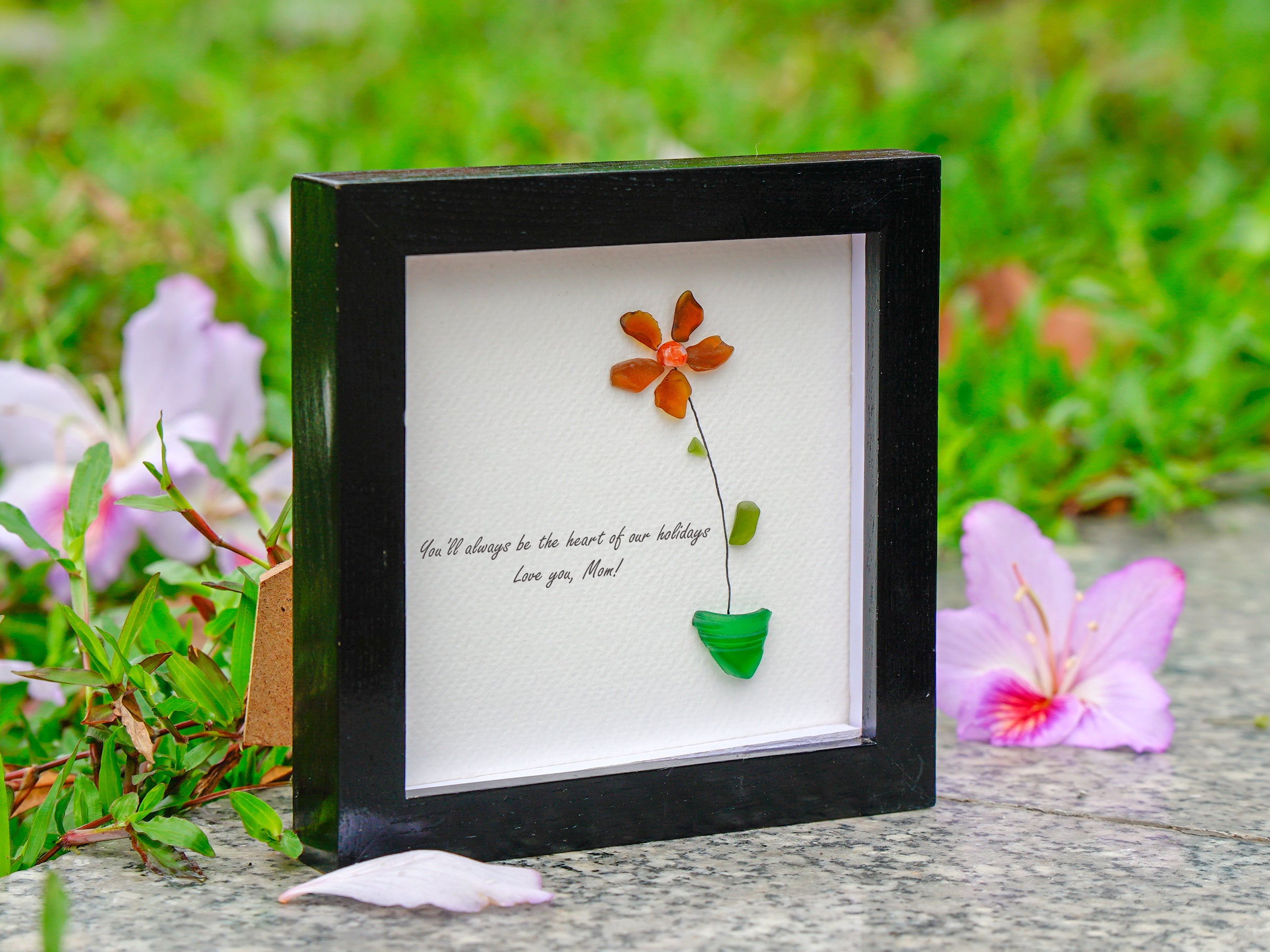 Handcrafted Sea Glass Flower Art Frame, Christmas Gift for Mom, 1st Mom's Christmas Gift