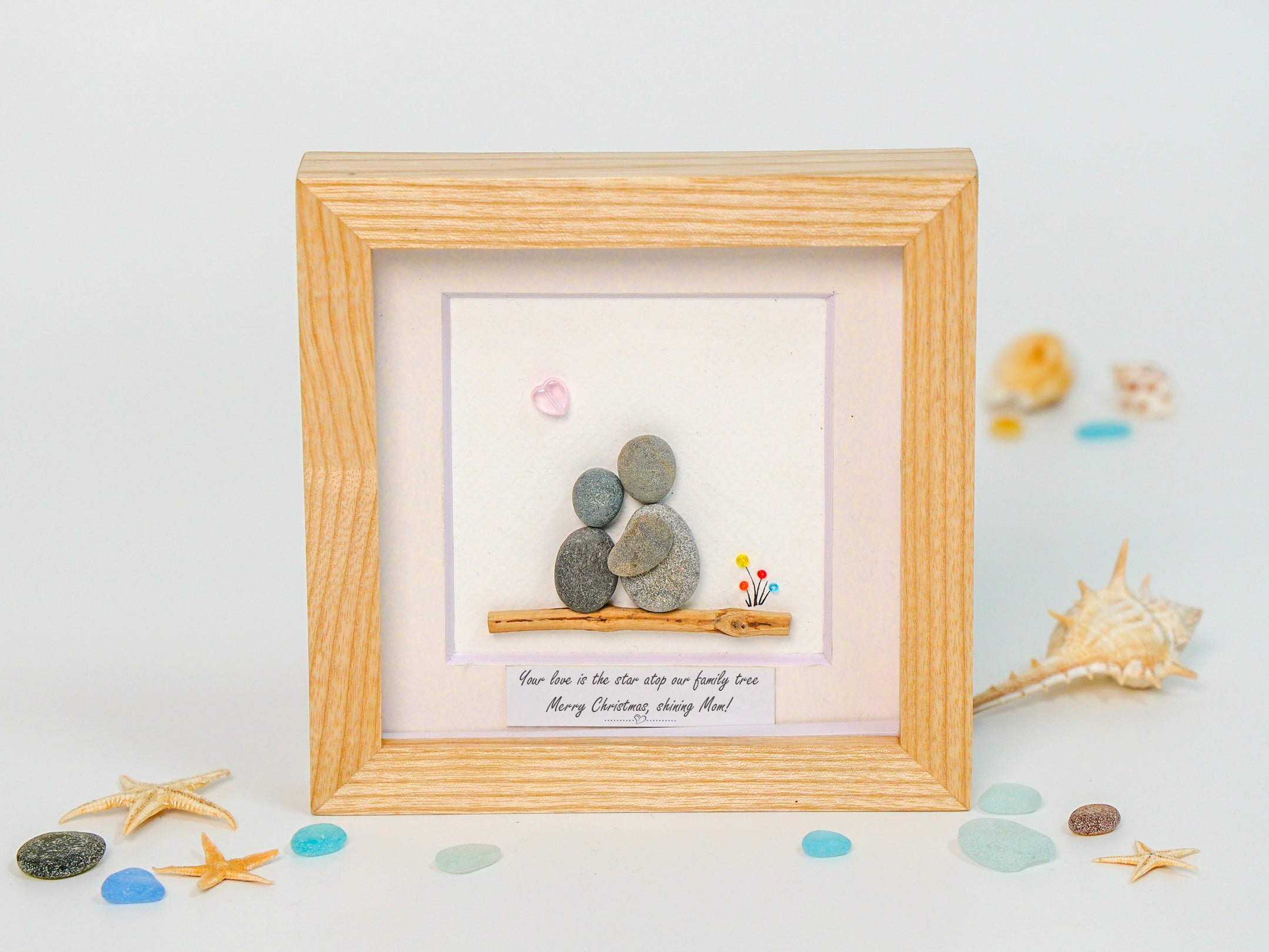 Handcrafted Pebble Art Family Picture Frame, Christmas Pebble Art For Mom, Christmas Gift from Daughter