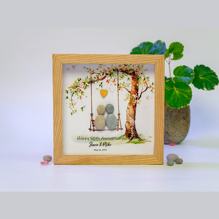 Personalized 50th Wedding Anniversary Pebble Art, Wedding Pebble Art Golden Wedding Pebble Frame with Stand for Desktop or Wall Hanging by Dovaart.com