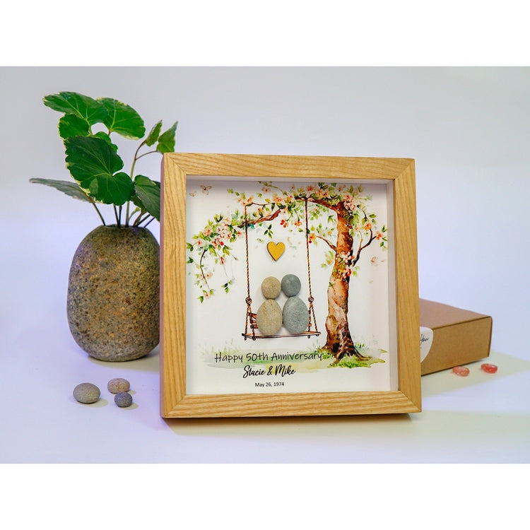 Personalized 50th Wedding Anniversary Pebble Art, Wedding Pebble Art Golden Wedding Pebble Frame with Stand for Desktop or Wall Hanging by Dovaart.com