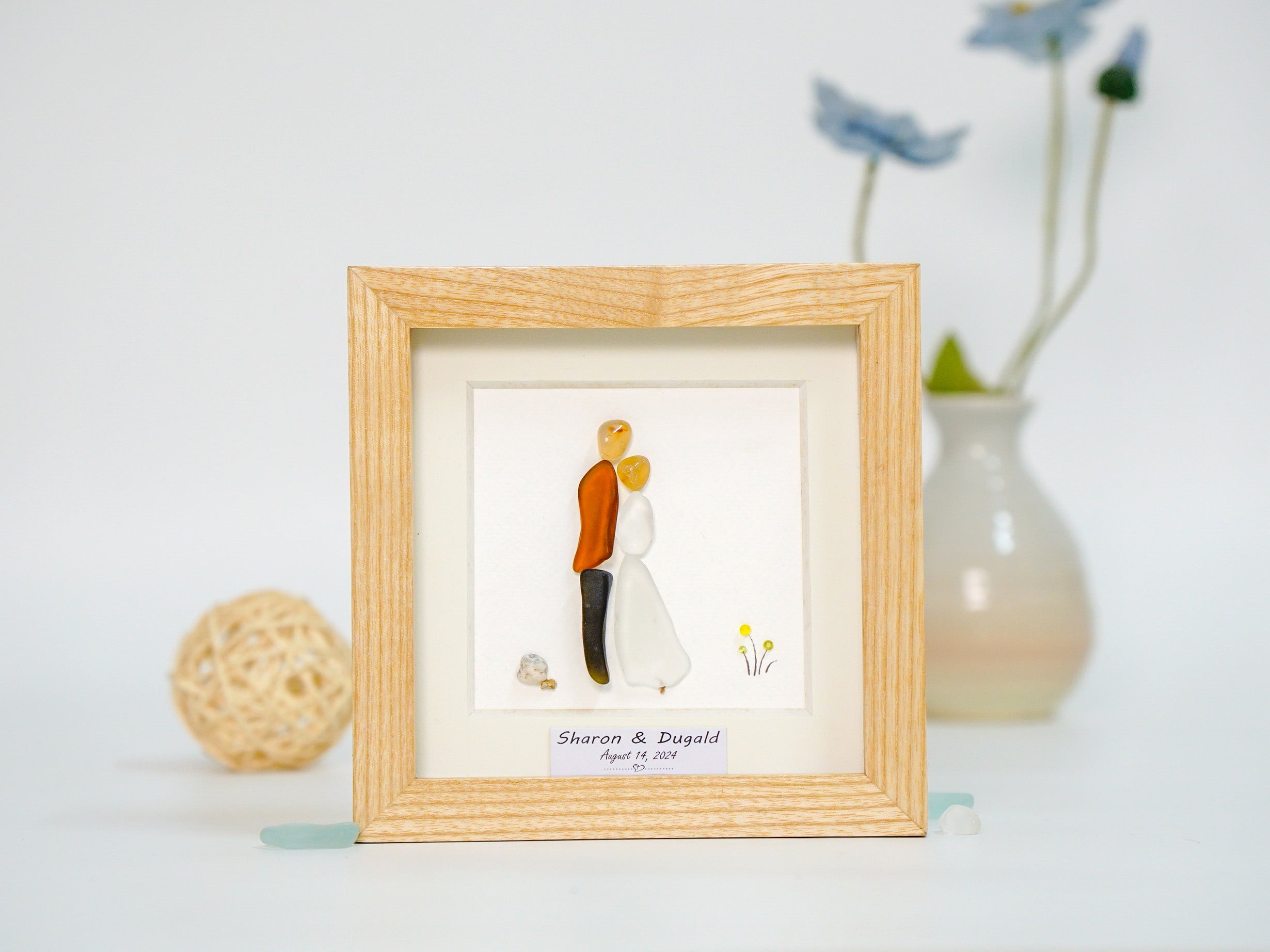 Personalised Wedding Sea Glass Frame - Mr & Mrs Sea Glass Art Wedding Gift - Unique Wedding Gift - Bride Groom Gift Ideas - Pebble Artwork