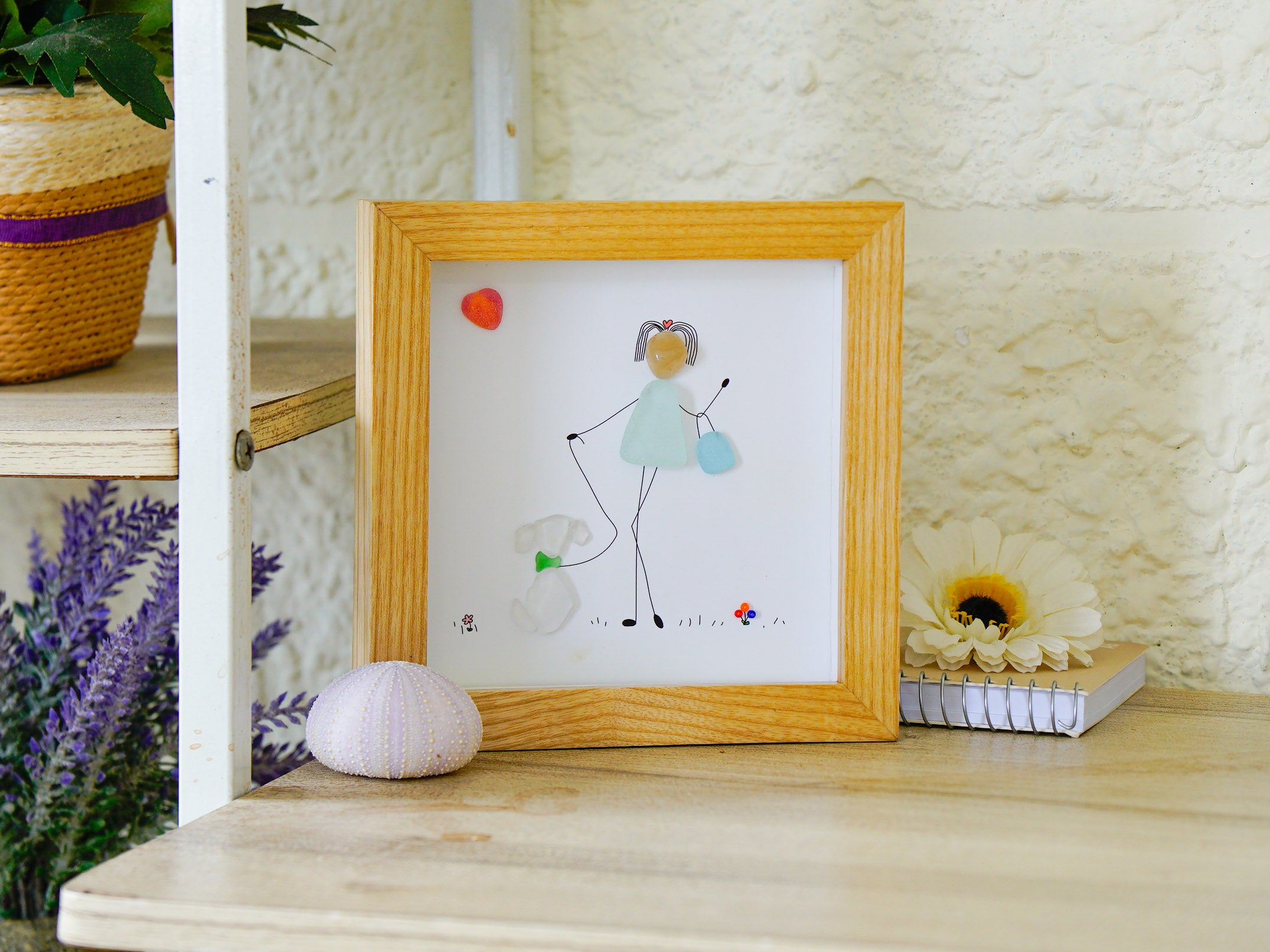 Personalized Pebble Art Handmade Keepsake, Meaningful Sea Glass Girl Frame, Minimalist Handmade Gift for Her