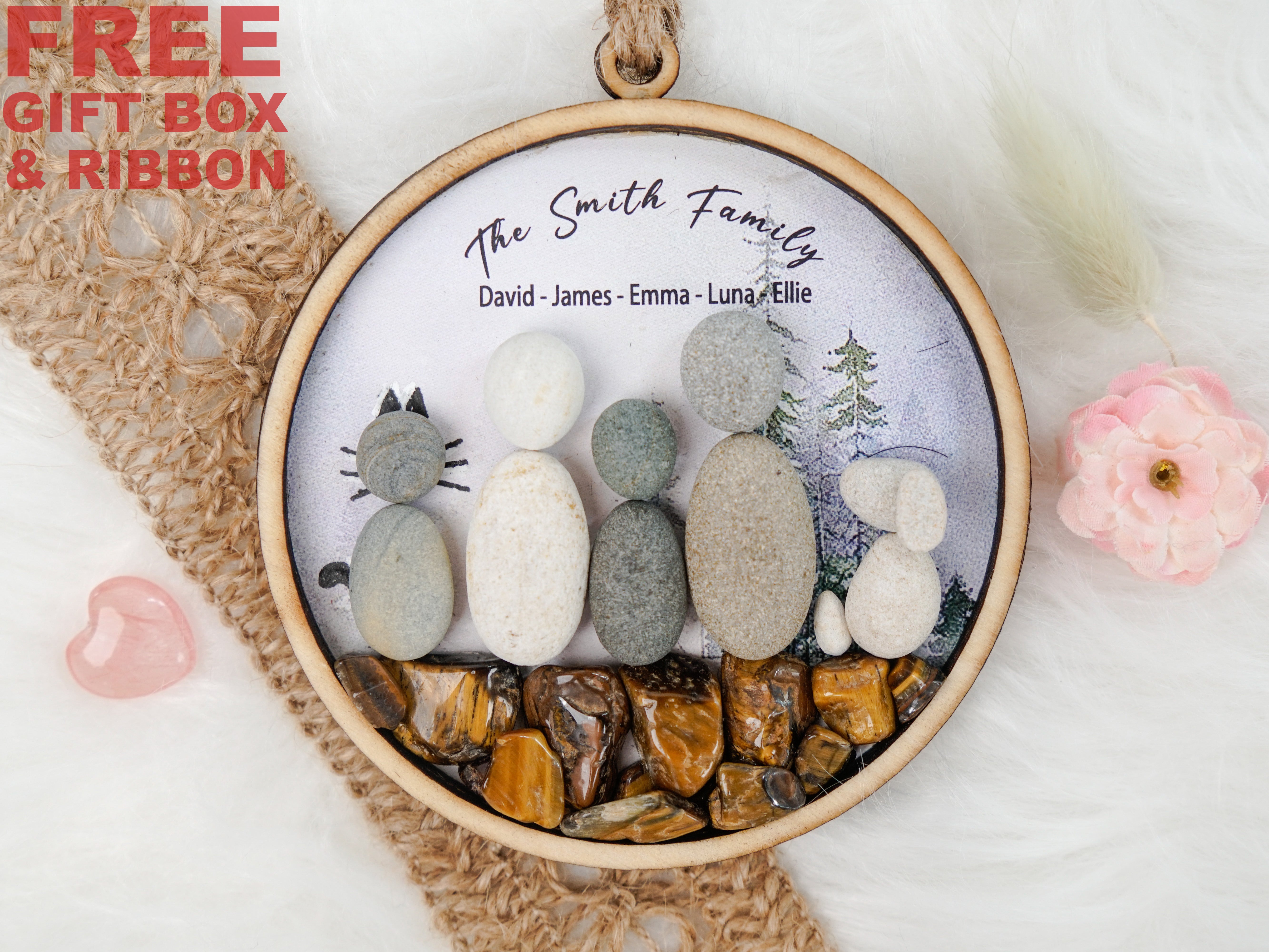 Personalized Family Pebble Ornament, Family Hanging Wall Decor, Our Family Wall Hanger, Family Keepsake Gift For Christmas, Housewarming Gift, Custom Name Family Christmas Gift