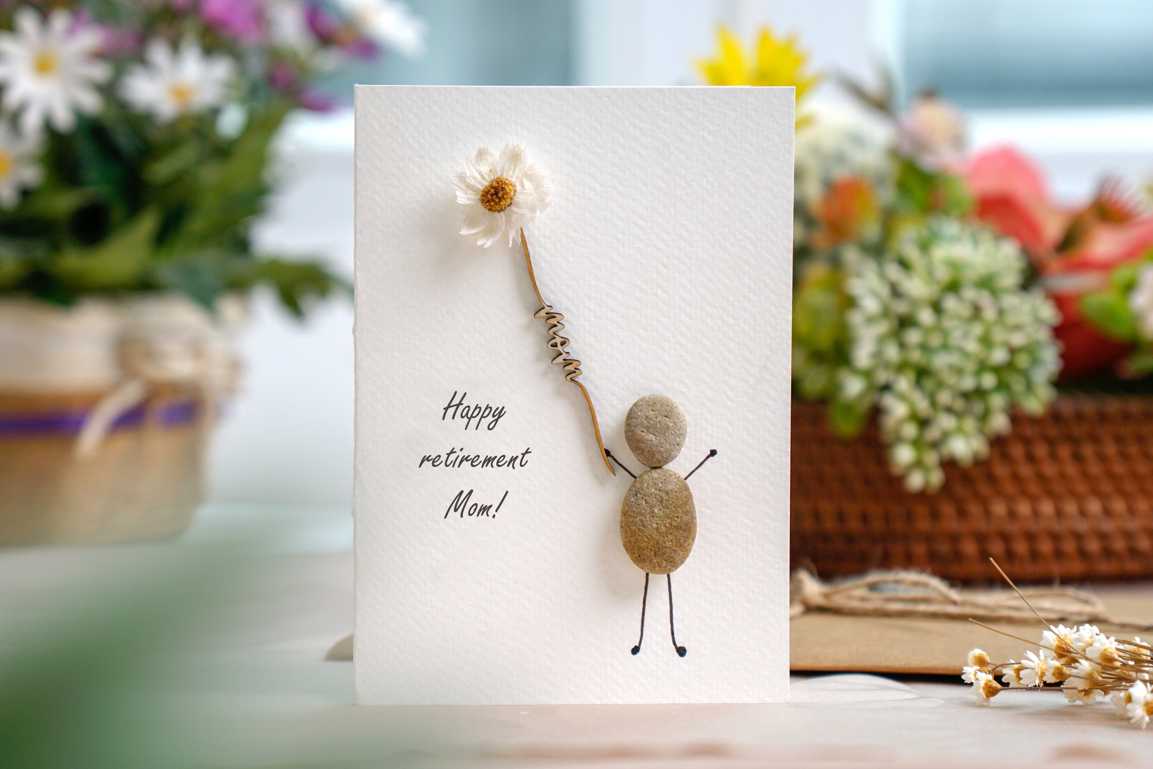 Happy Retirement Mom Pebble Card, Handmade Pebble Artwork Cards