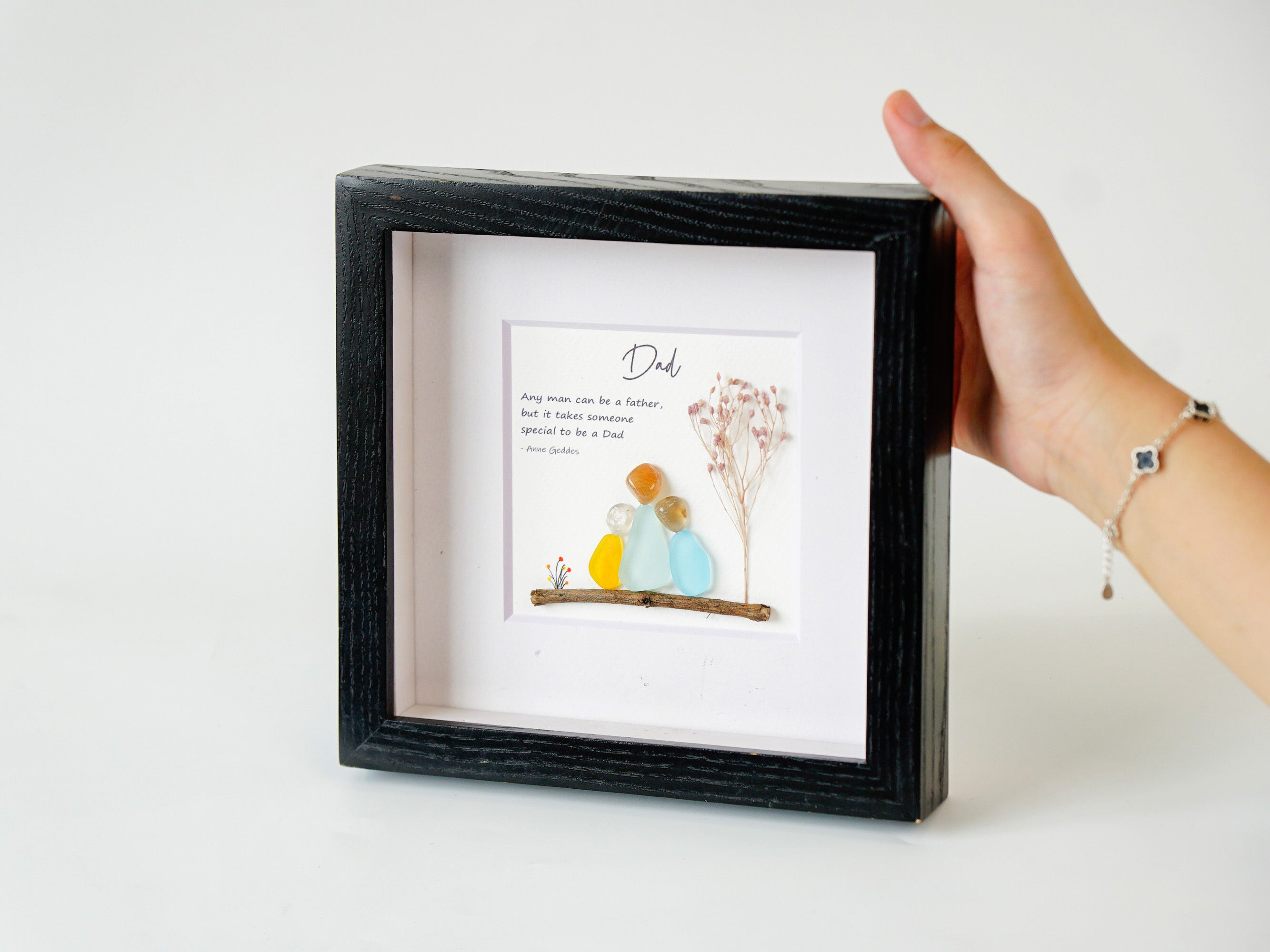 Personalized Dad Pebble Arts Frame - Unique Sea Glass Family Shadow Box - Meaningful Birthday, Father's Day, or Thank You Gift for Dad from Kids