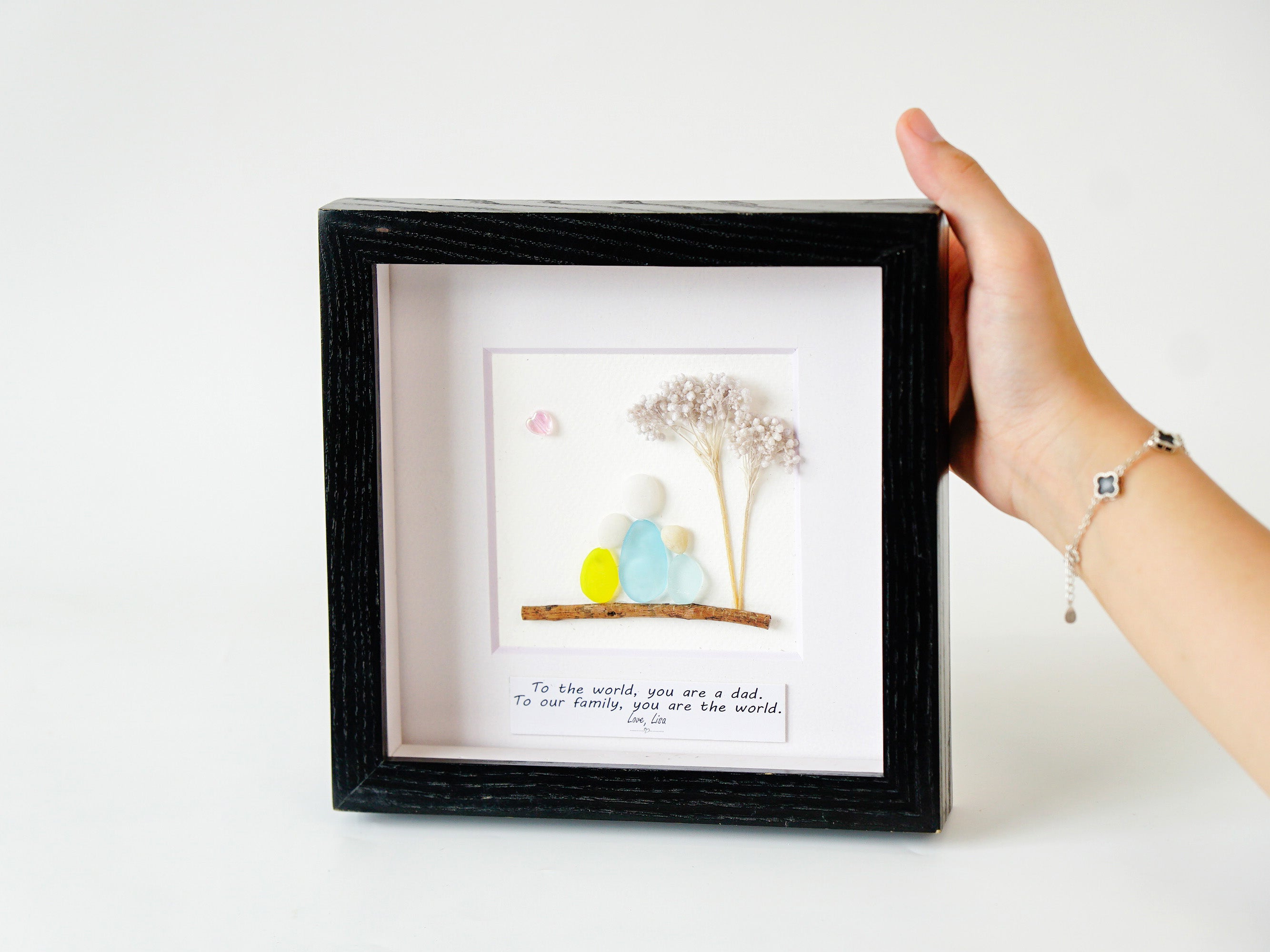 To Our Family, You Are the World – Personalized Pebble Art Handmade Keepsake for Dad, Meaningful Family Gift